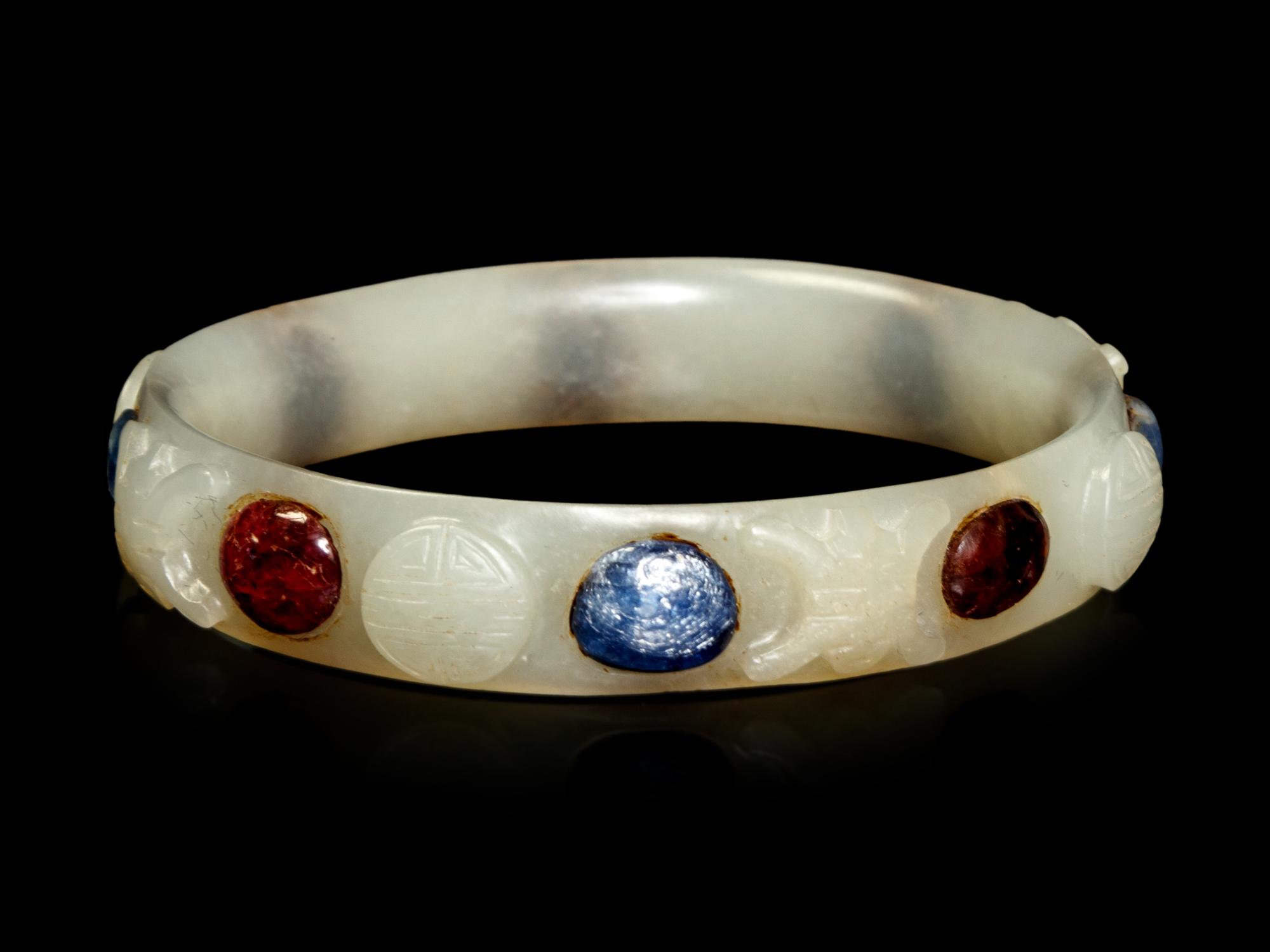 A Hardstone Inset White Jade Bangle