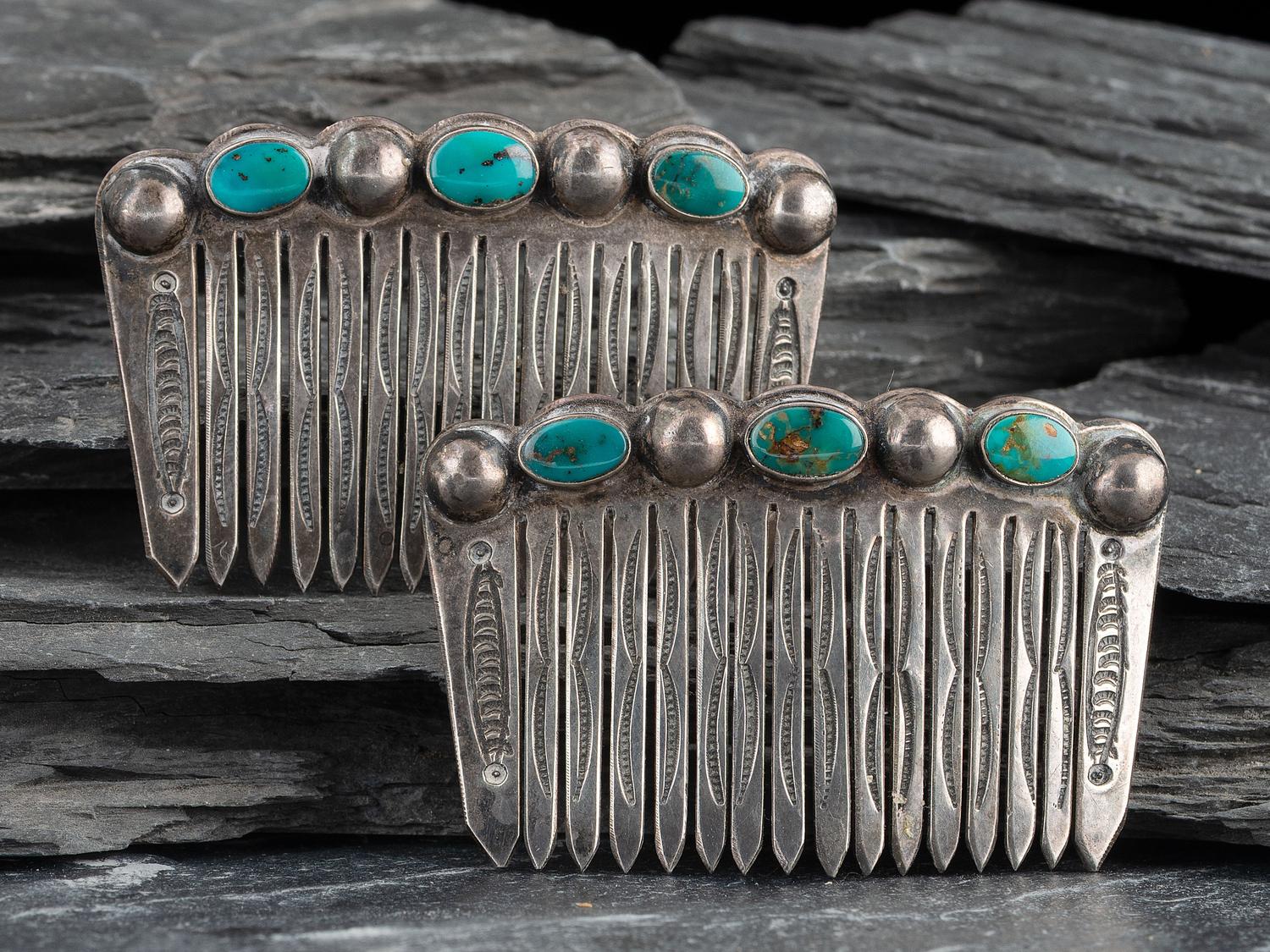 Pair of Stamped Silver and Turquoise Hair Combs/Barretes