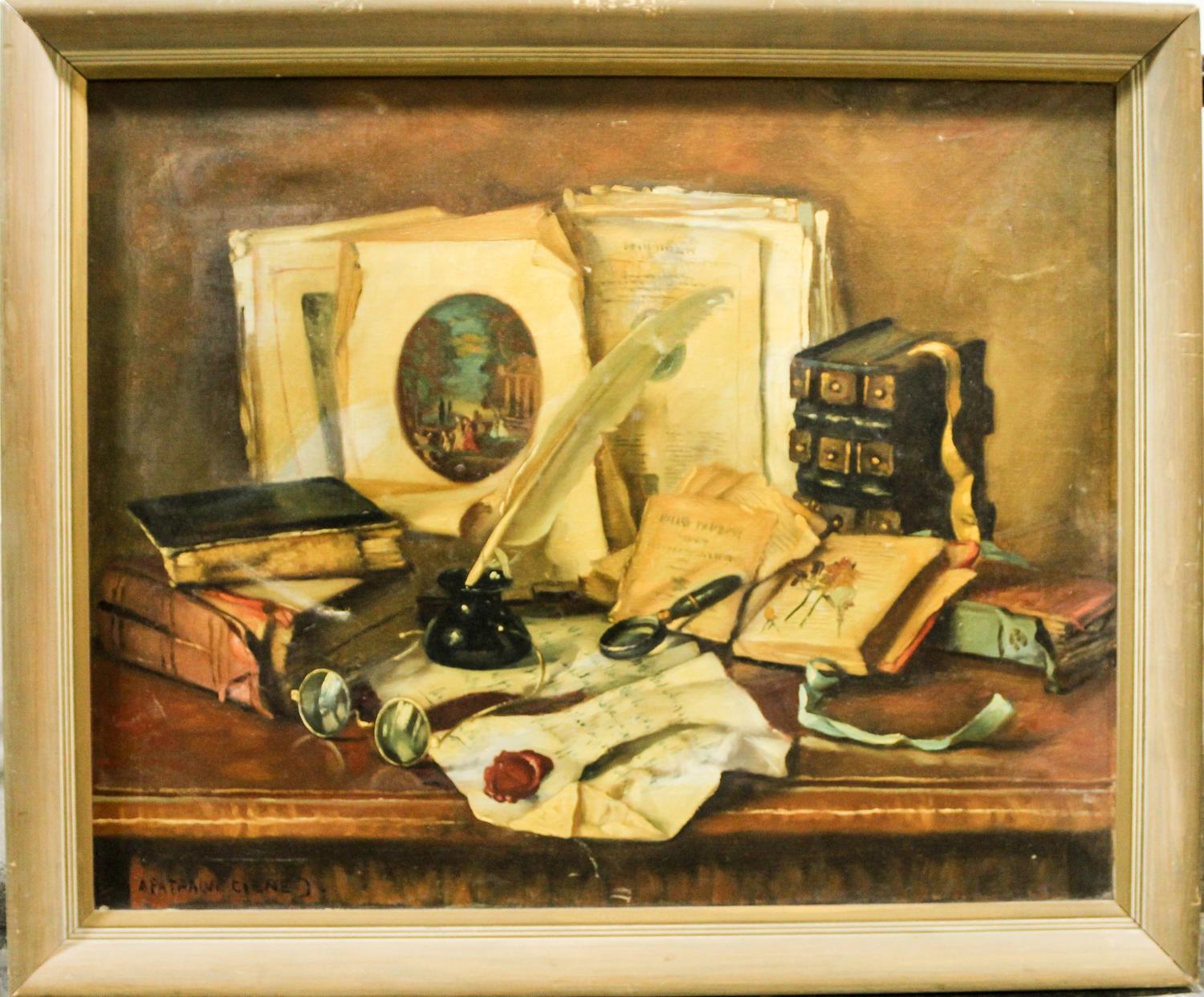 Continental School, (20th century), Still Life with Books, Quill and Spectacles