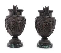 A Pair of Grand Tour Cast Metal and Marble Urns