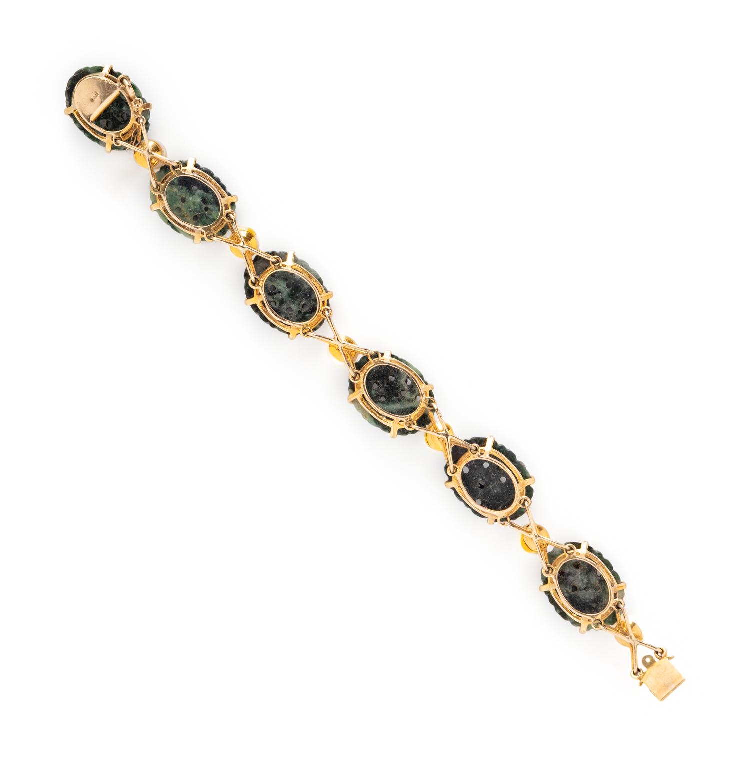 JADE, CULTURED PEARL, AND YELLOW GOLD EARRINGS AND BRACELET