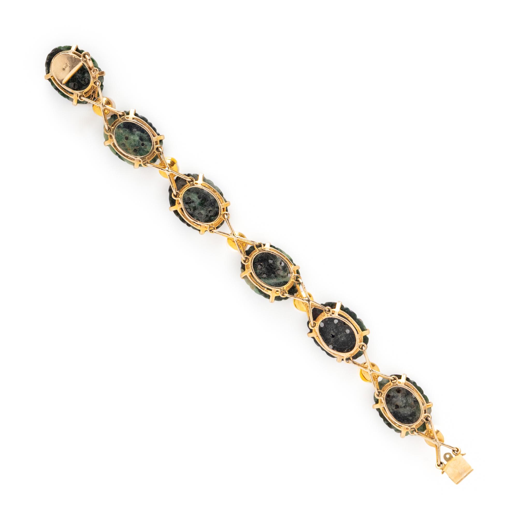 JADE, CULTURED PEARL, AND YELLOW GOLD EARRINGS AND BRACELET