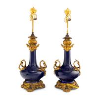 A Pair of Louis XV Style Gilt Bronze Mounted Cobalt Porcelain Vases