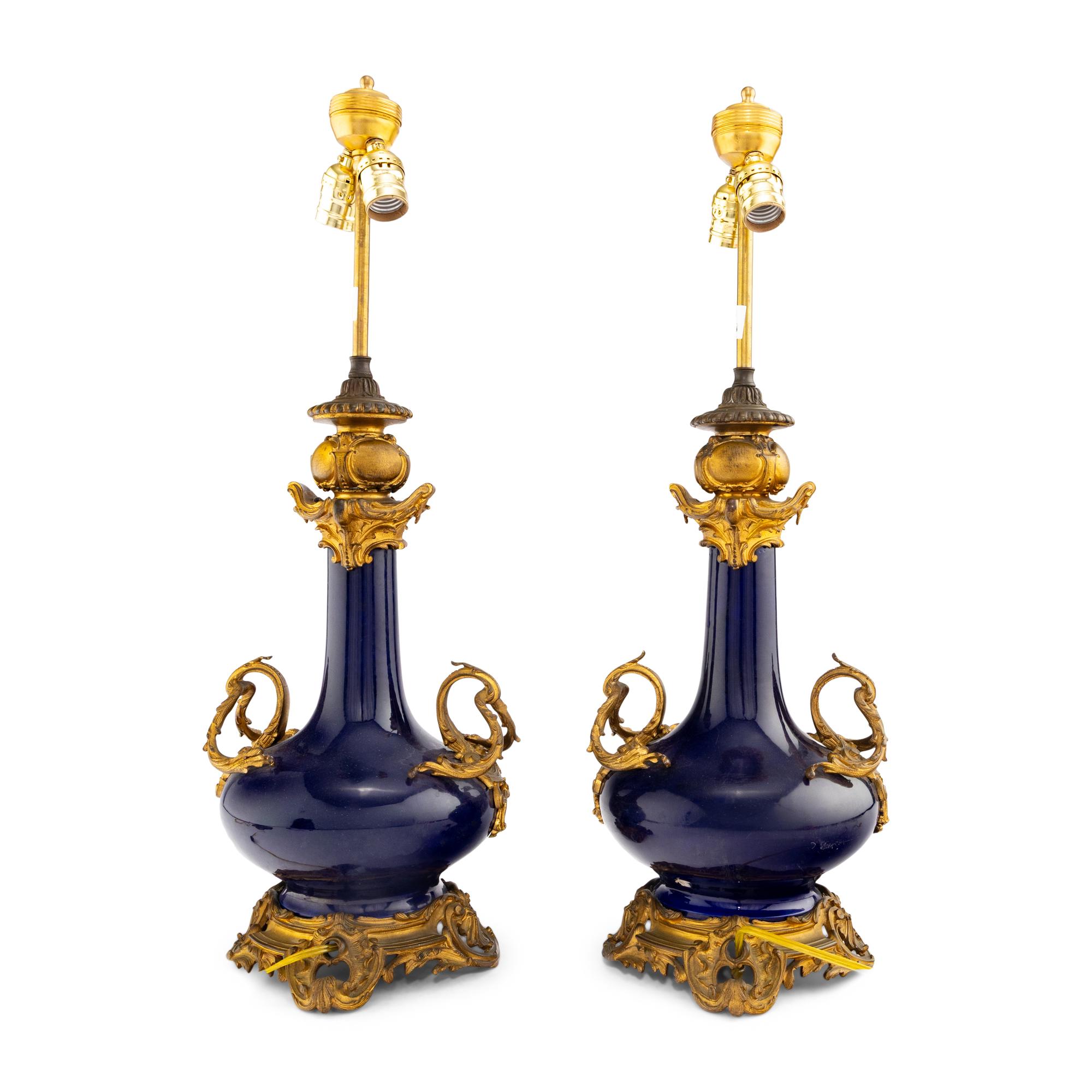 A Pair of Louis XV Style Gilt Bronze Mounted Cobalt Porcelain Vases