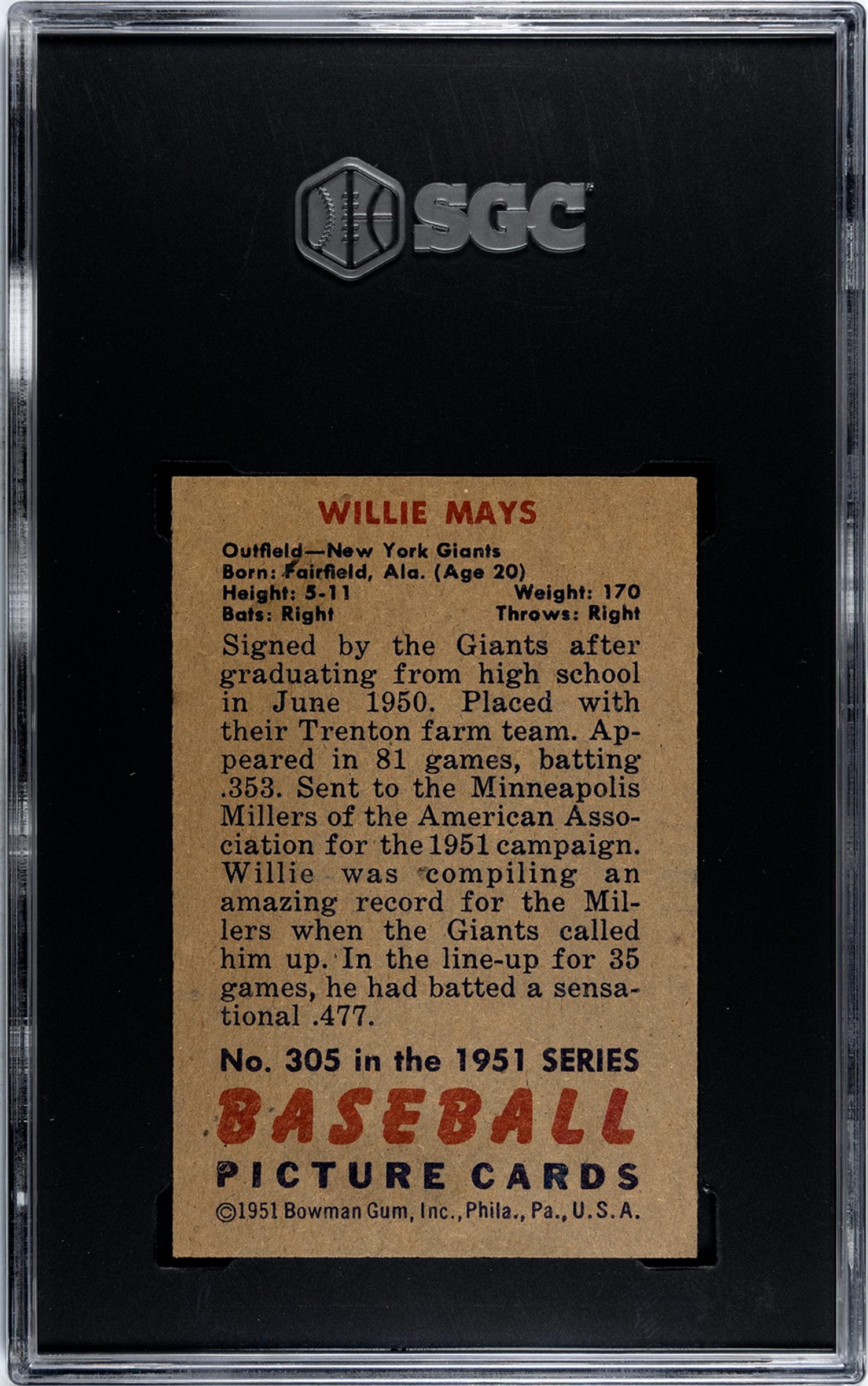 A 1951 Bowman Willie Mays Rookie Baseball Card No. 305 (SGC AUTHENTIC)