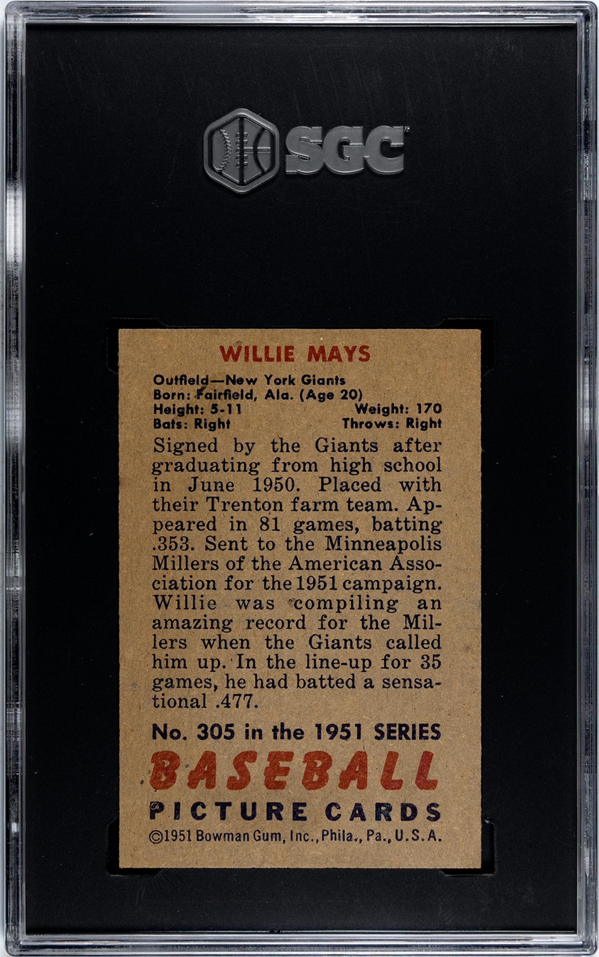 A 1951 Bowman Willie Mays Rookie Baseball Card No. 305 (SGC AUTHENTIC)