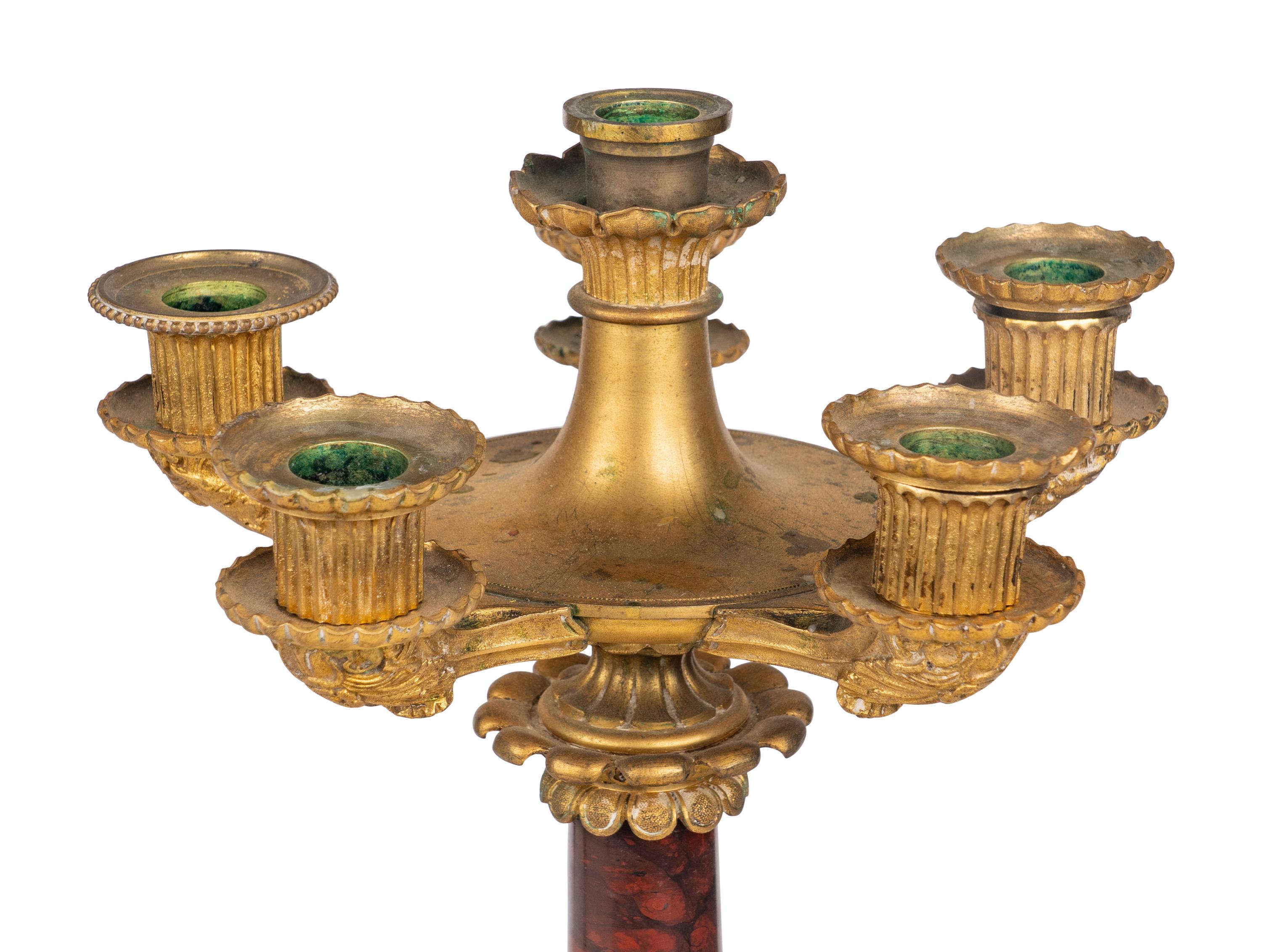 A Pair of Regency Gilt Bronze and Red Marble Five-Light Candelabra