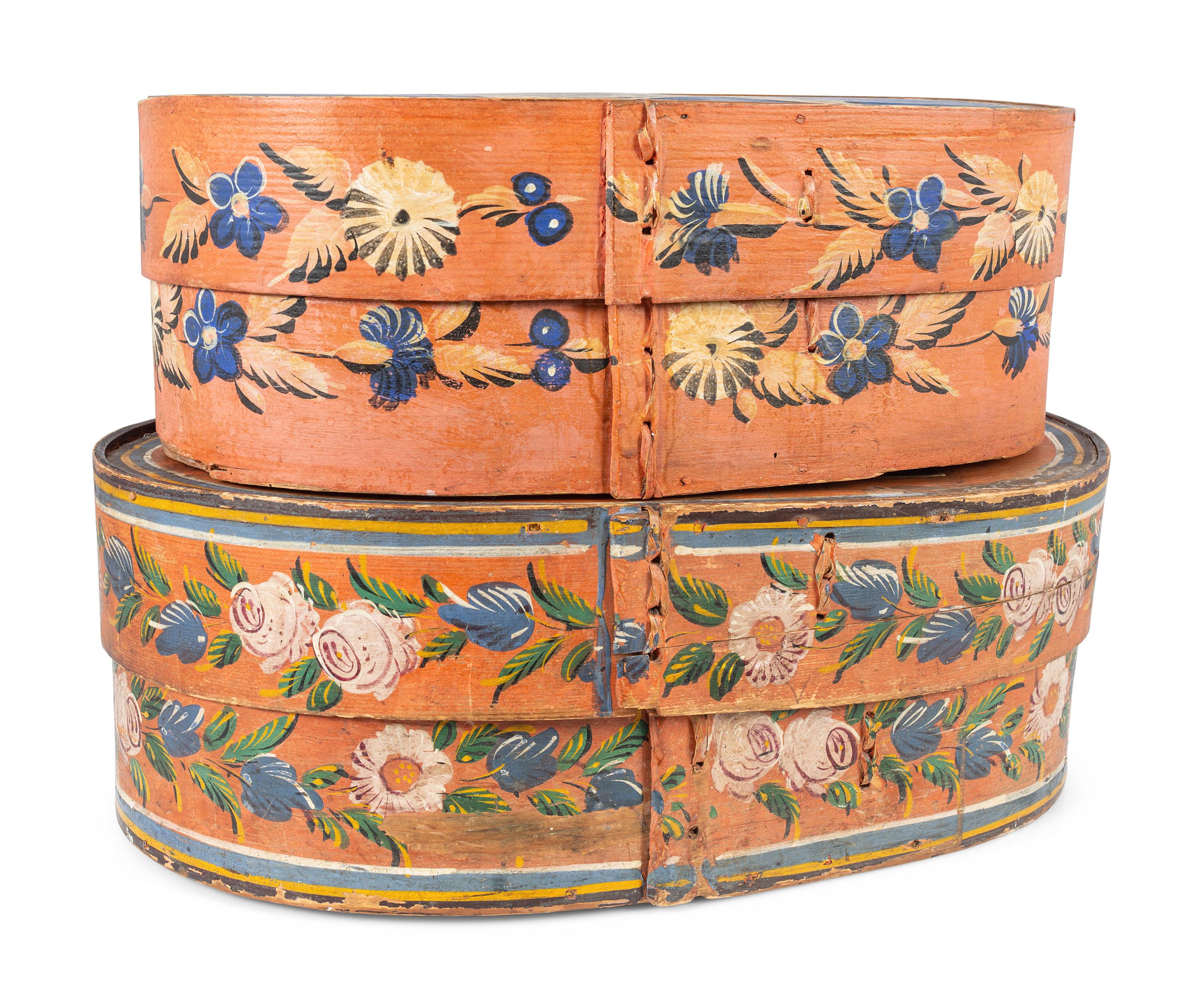 Two Paint Decorated Bentwood Bride's Boxes
