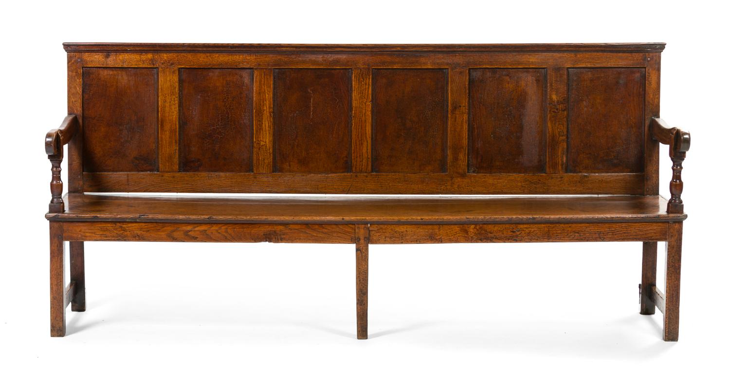 An English Provincial Oak Bench, Height 37 1/2 x width 82 1/2 x depth 17 inches.