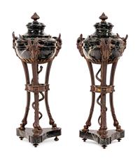 A Pair of Large Gilt Bronze and Marble Cassolettes