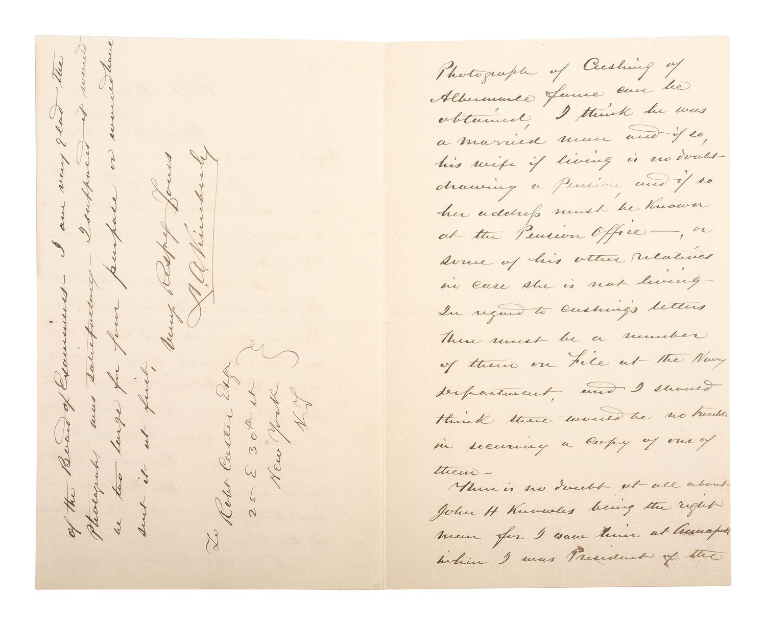 [CIVIL WAR - NAVY]. A group of 9 documents related to Robert Coster and his efforts to confirm the identity of the man who lashed Rear Admiral David G. Farragut to the rigging of the Hartford at the Battle of Mobile Bay.