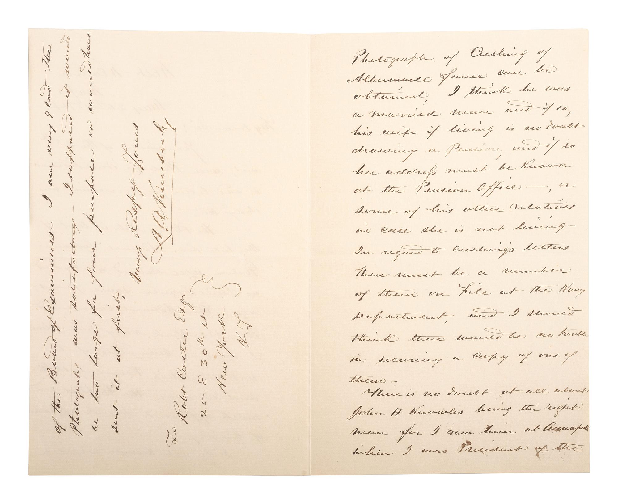 [CIVIL WAR - NAVY]. A group of 9 documents related to Robert Coster and his efforts to confirm the identity of the man who lashed Rear Admiral David G. Farragut to the rigging of the Hartford at the Battle of Mobile Bay.