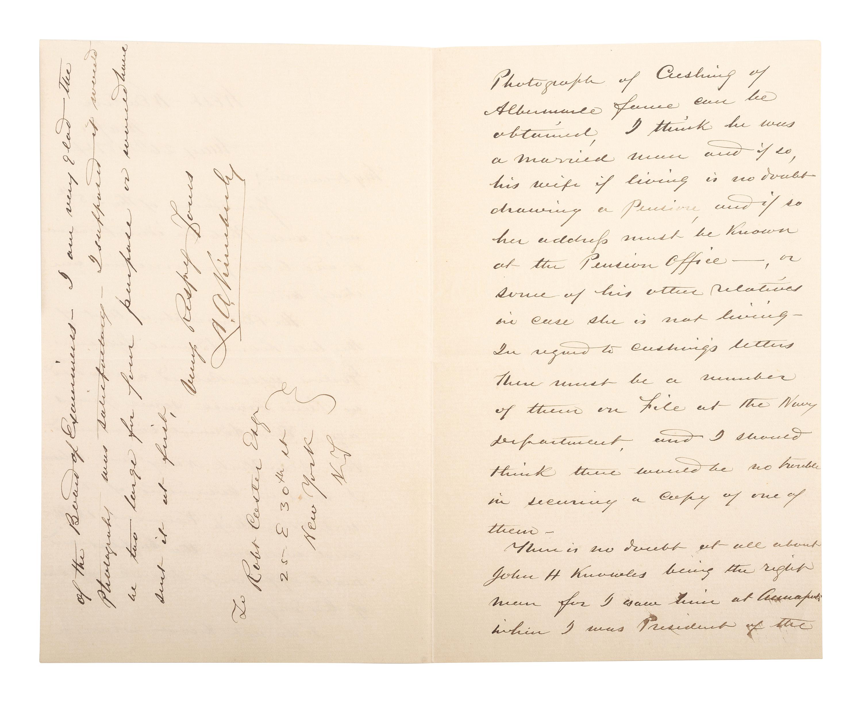 [CIVIL WAR - NAVY]. A group of 9 documents related to Robert Coster and his efforts to confirm the identity of the man who lashed Rear Admiral David G. Farragut to the rigging of the Hartford at the Battle of Mobile Bay.