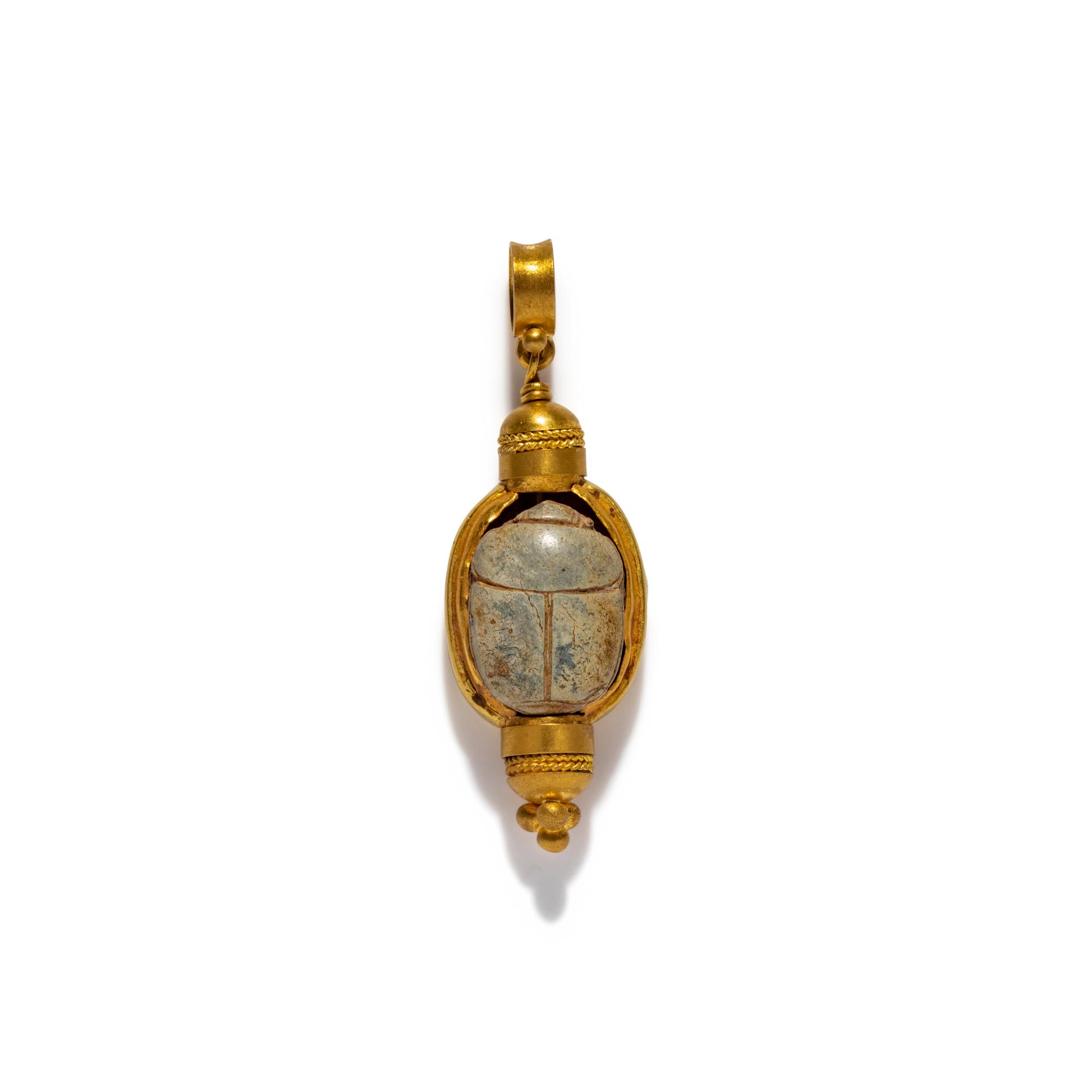 An Egyptian Gold and Blue Faience Scarab Pendant — with modern gold additions