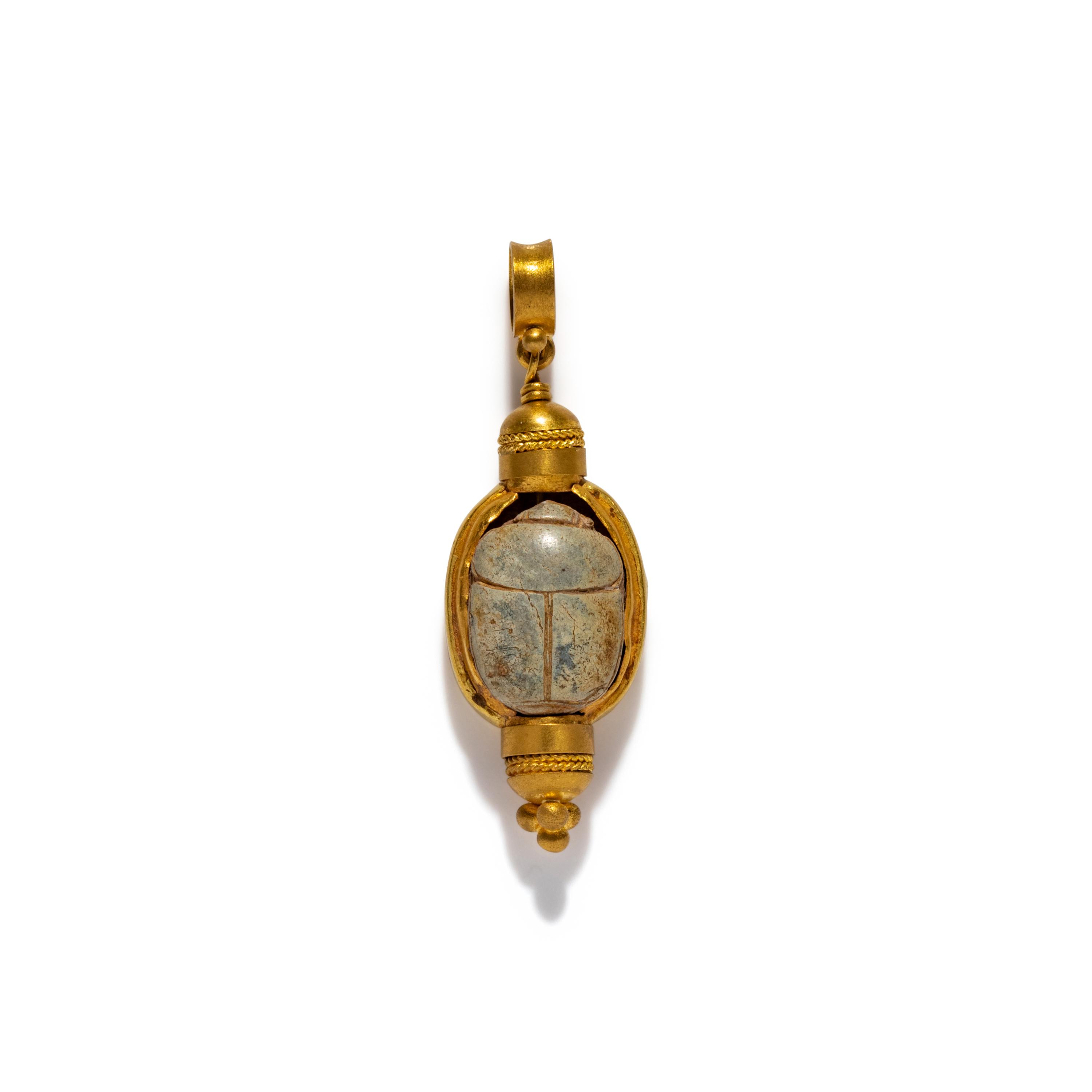 An Egyptian Gold and Blue Faience Scarab Pendant — with modern gold additions