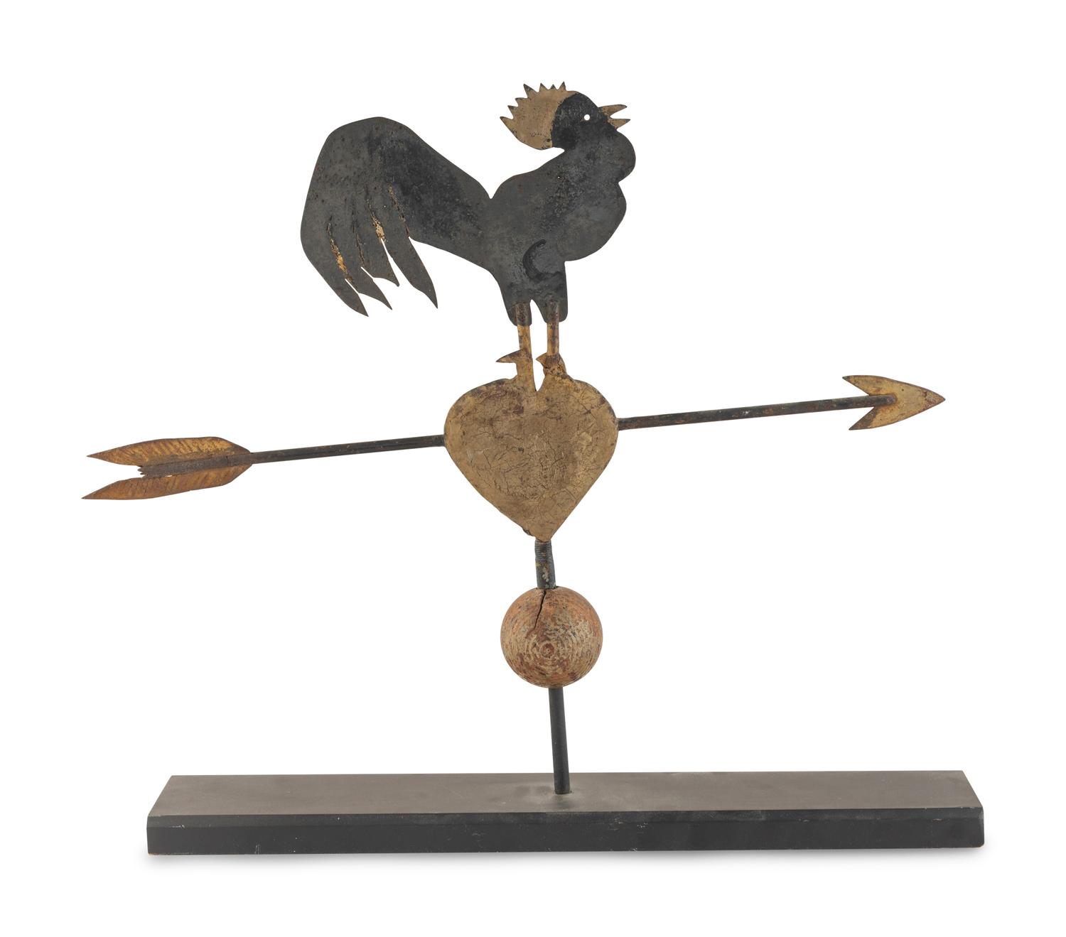 A Parcel Gilt Cut Sheet Iron Rooster on Heart Weathervane