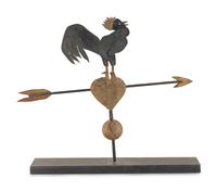 A Parcel Gilt Cut Sheet Iron Rooster on Heart Weathervane
