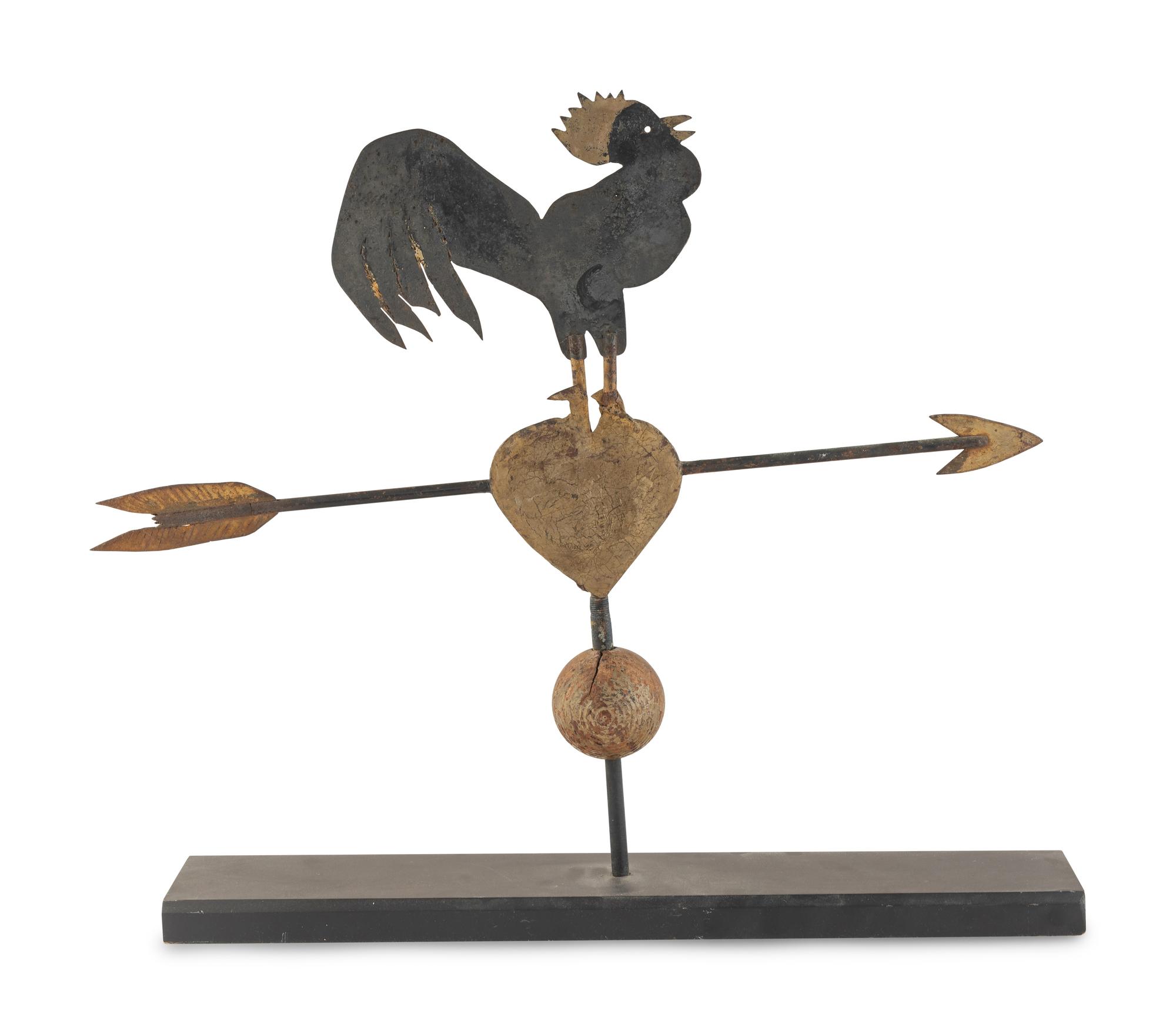 A Parcel Gilt Cut Sheet Iron Rooster on Heart Weathervane