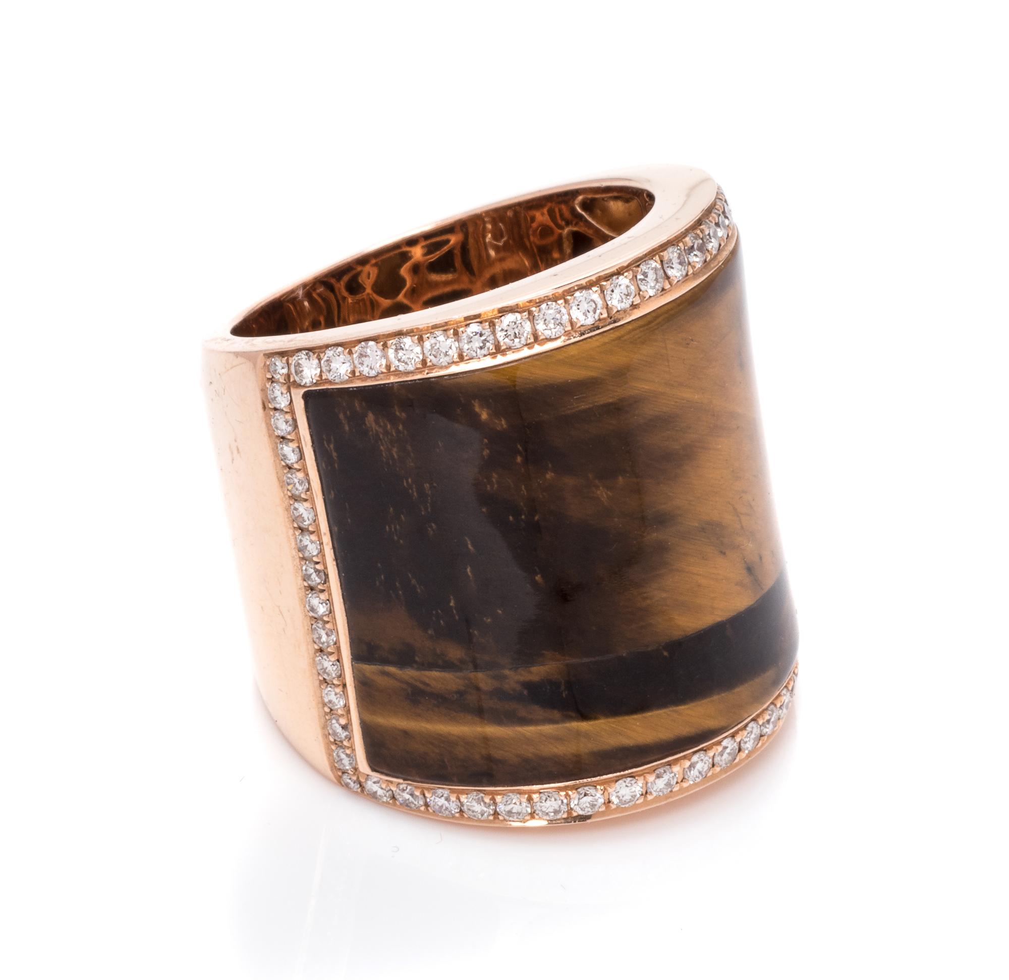 An 18 Karat Rose Gold, Tiger's Eye and Diamond Ring,