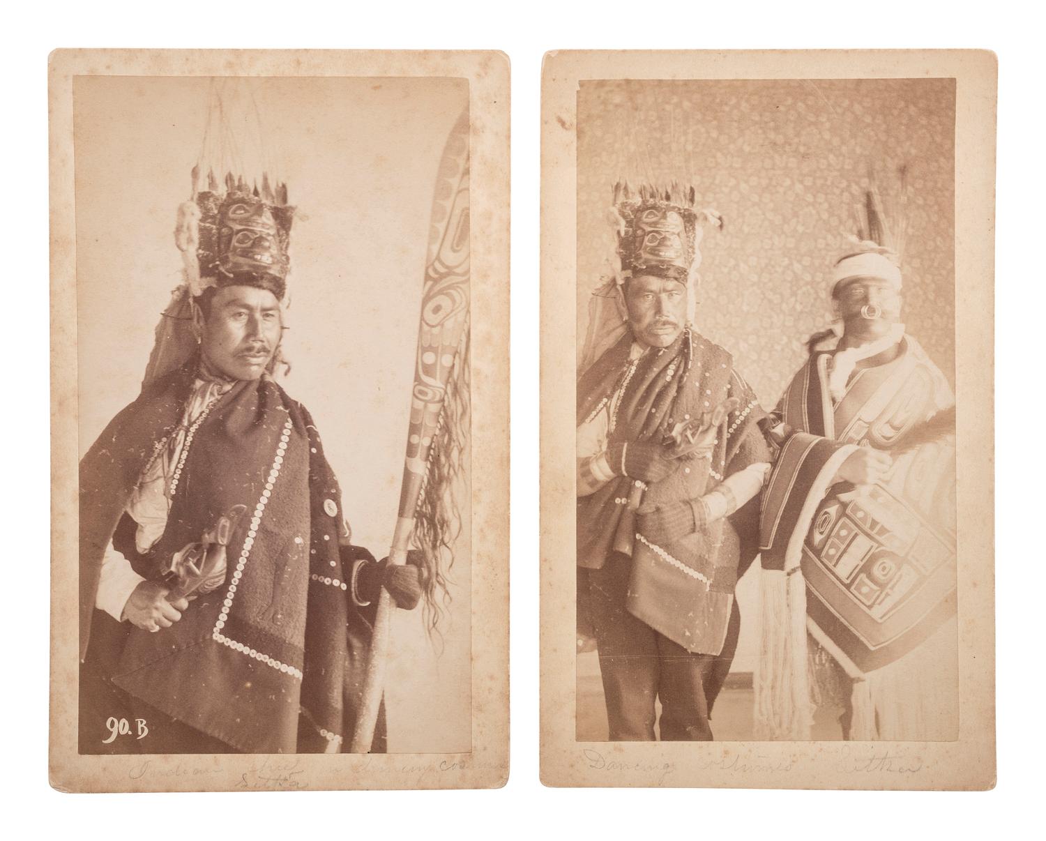 [NATIVE AMERICANS]. ALBERTSTONE, R. and MOOSBAUER, L., photographers. A group of 2 boudoir photographs of Tlingit figures in traditional regalia. Sitka, Alaska: Reuben Albertstone & Co., ca 1890s.
