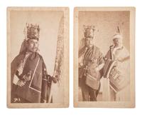 [NATIVE AMERICANS]. ALBERTSTONE, R. and MOOSBAUER, L., photographers. A group of 2 boudoir photographs of Tlingit figures in traditional regalia. Sitka, Alaska: Reuben Albertstone & Co., ca 1890s.