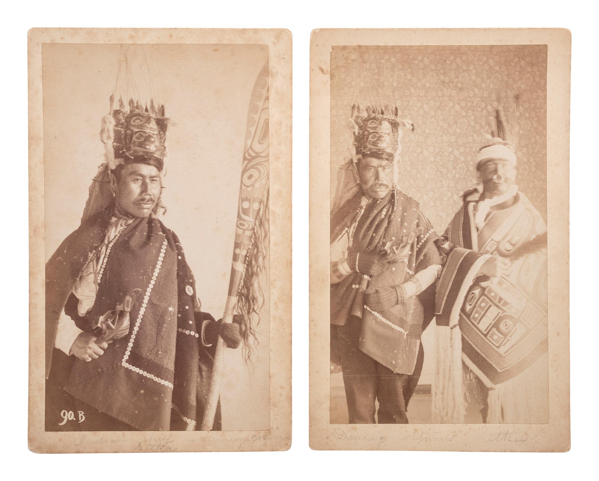 [NATIVE AMERICANS]. ALBERTSTONE, R. and MOOSBAUER, L., photographers. A group of 2 boudoir photographs of Tlingit figures in traditional regalia. Sitka, Alaska: Reuben Albertstone & Co., ca 1890s.