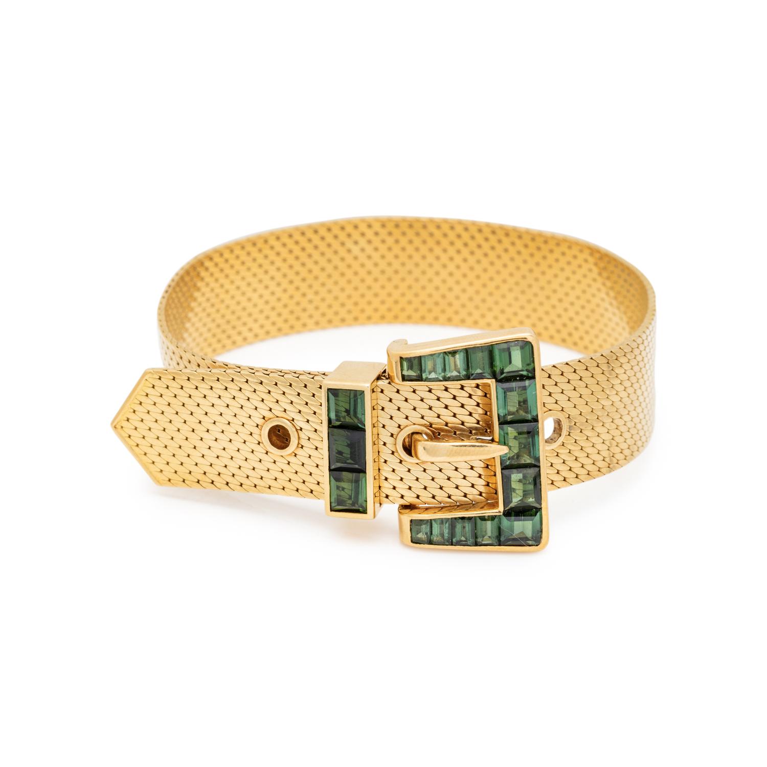YELLOW GOLD AND GREEN TOURMALINE BUCKLE BRACELET