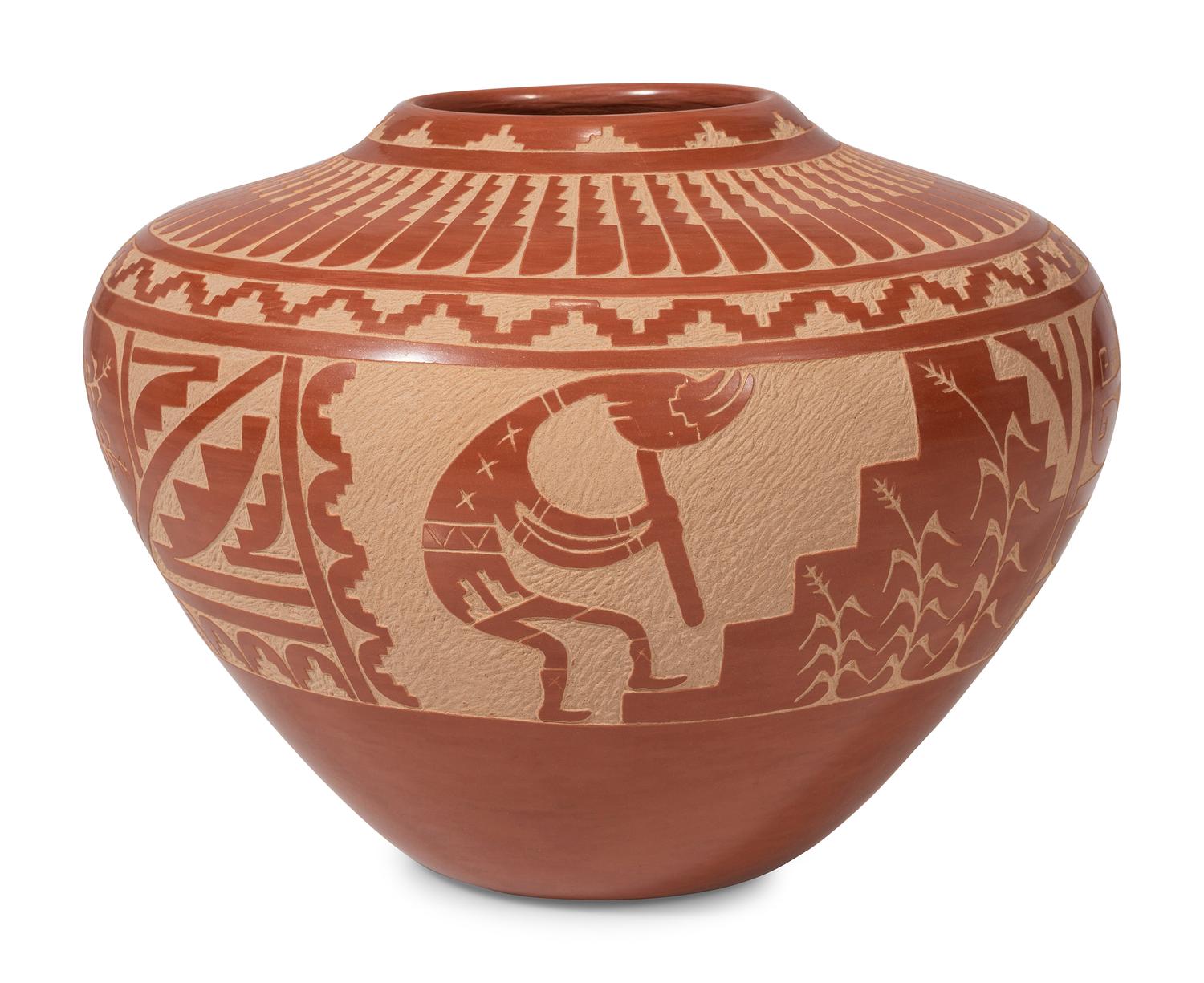 Redware Sgraffito Pottery Jar, with Corn and Kokopelli