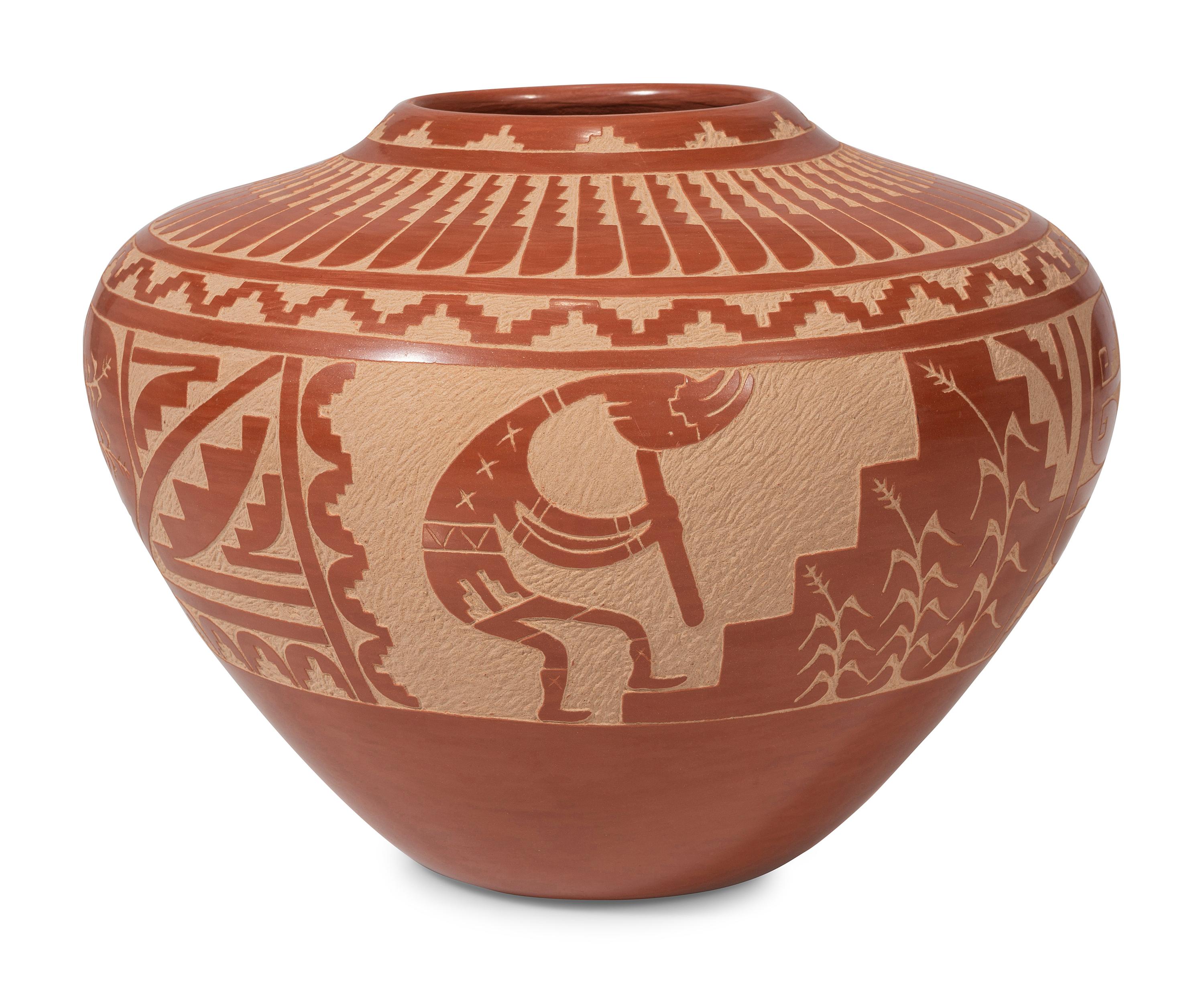 Redware Sgraffito Pottery Jar, with Corn and Kokopelli