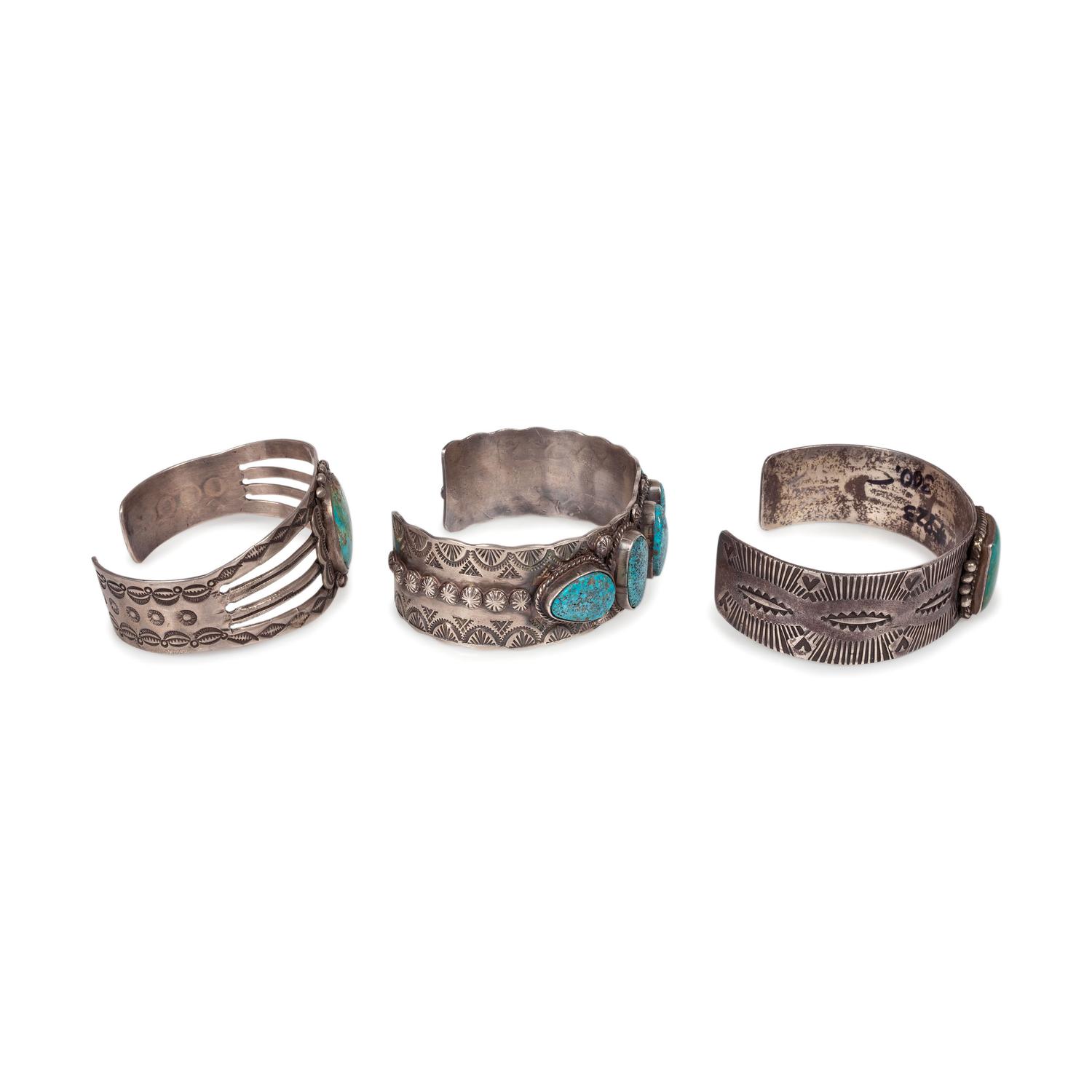 Silver and Turquoise Cuff Bracelet, PLUS Two Navajo Cuff Bracelets