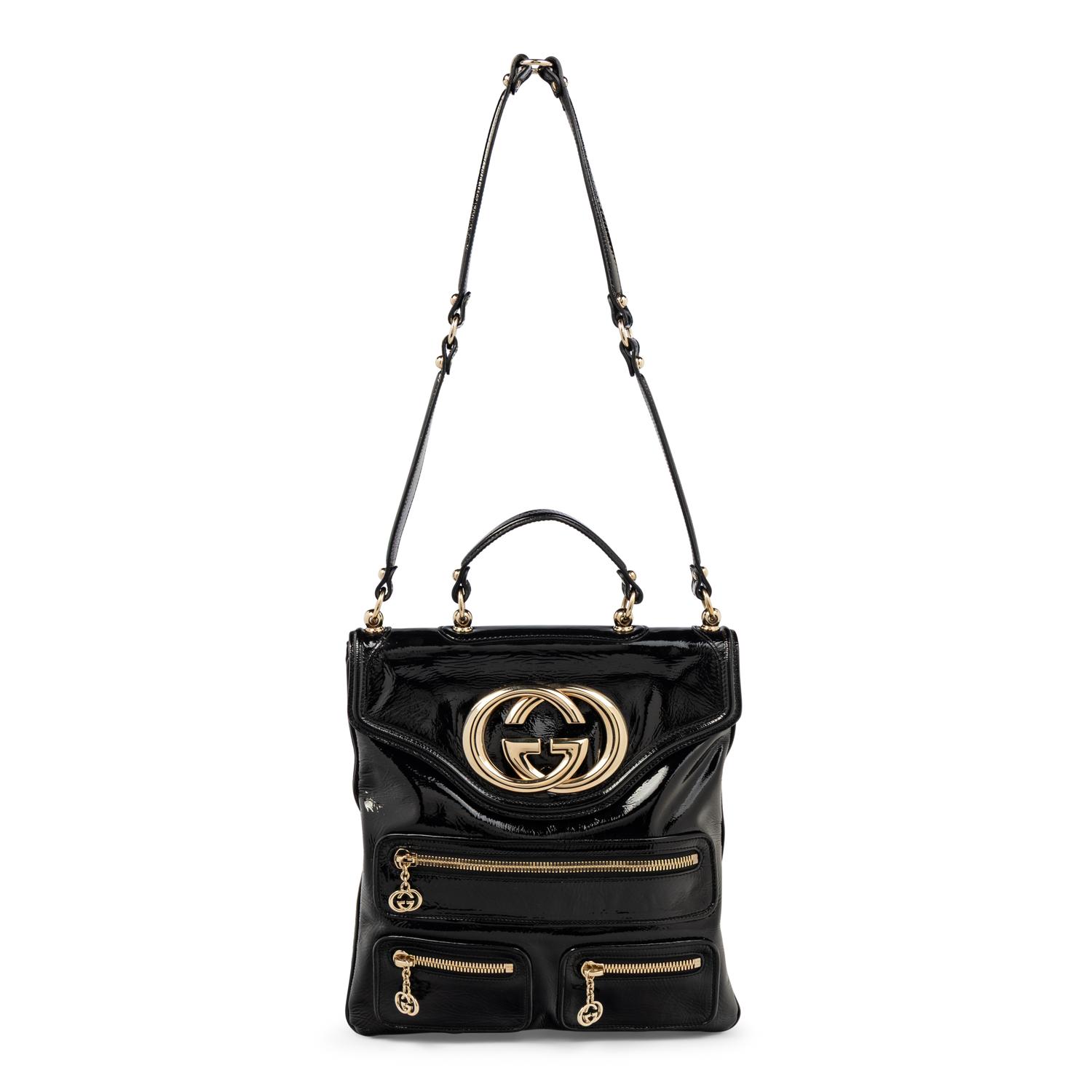 GUCCI, BLACK PATENT BRITT TOTE BAG