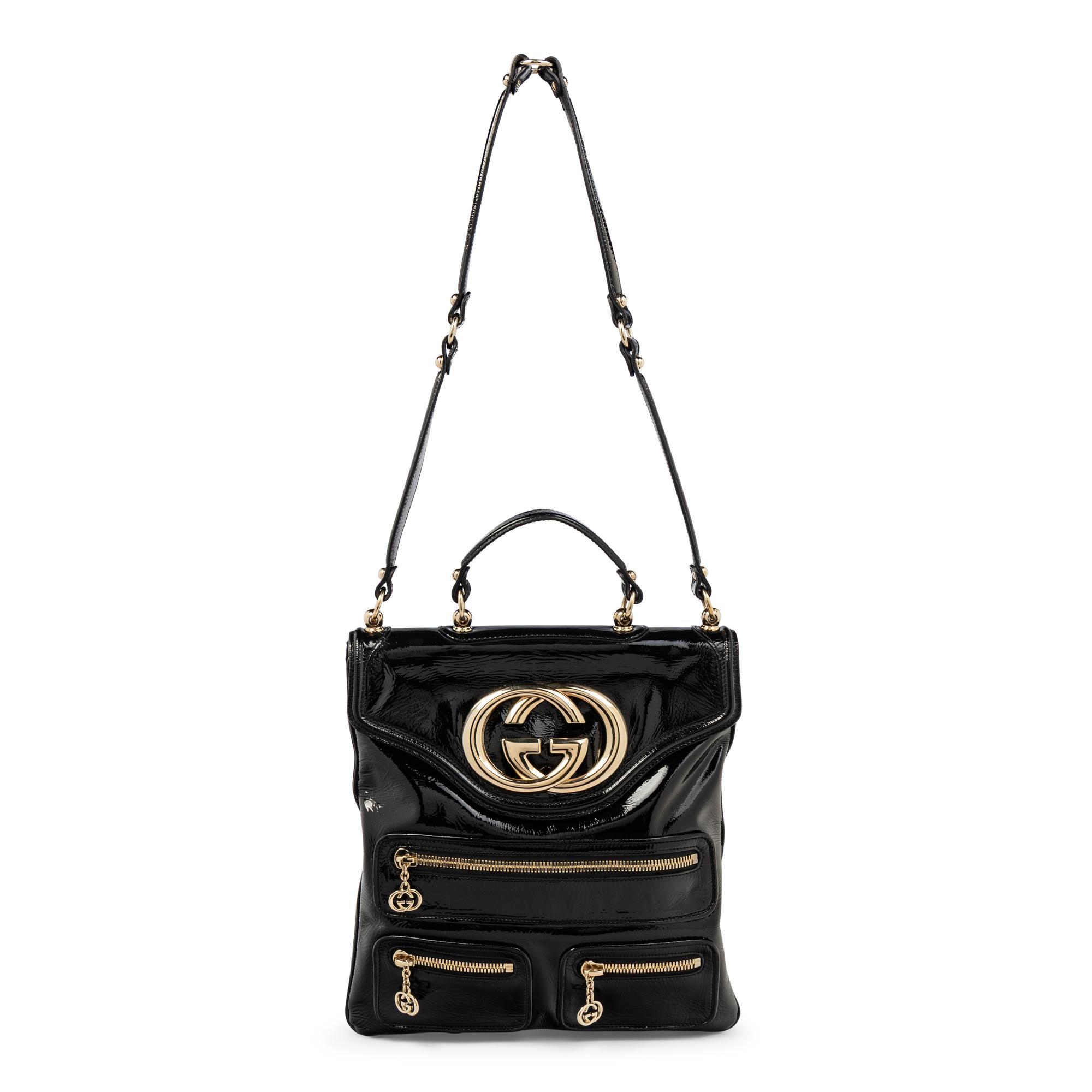 GUCCI, BLACK PATENT BRITT TOTE BAG