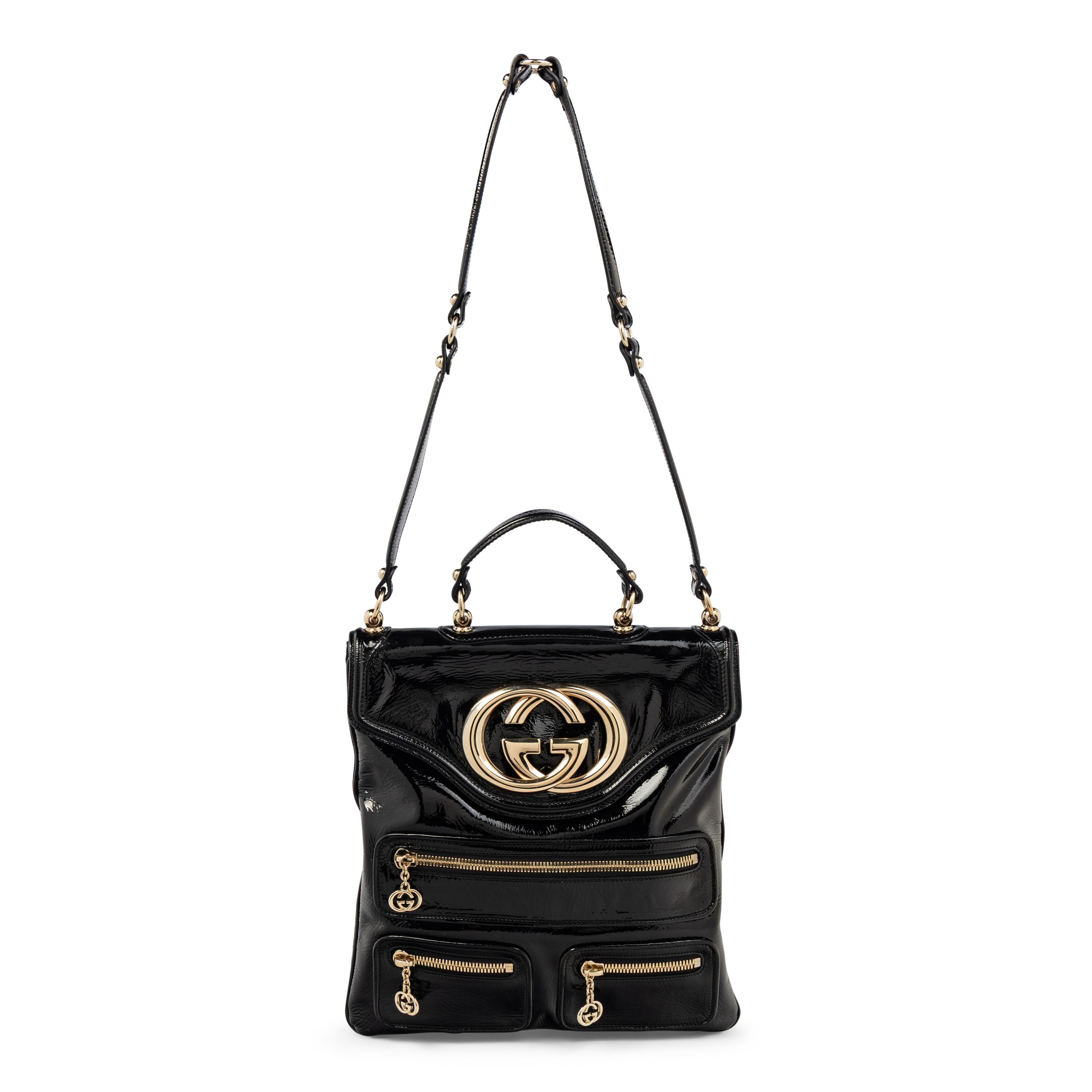 GUCCI, BLACK PATENT BRITT TOTE BAG