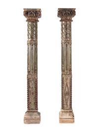A Pair of Continental Carved and Painted Wood Columns