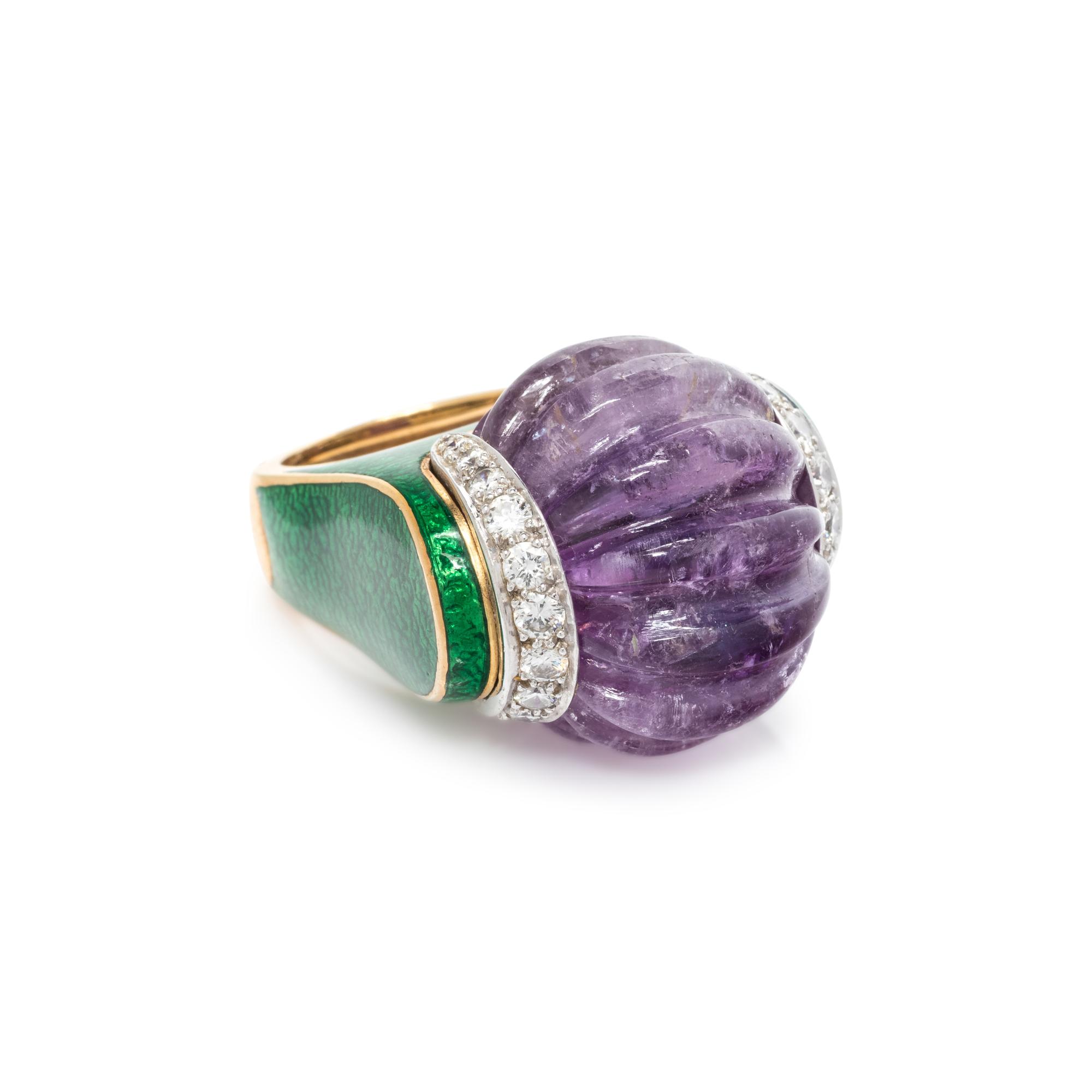 DAVID WEBB, AMETHYST, DIAMOND AND ENAMEL RING