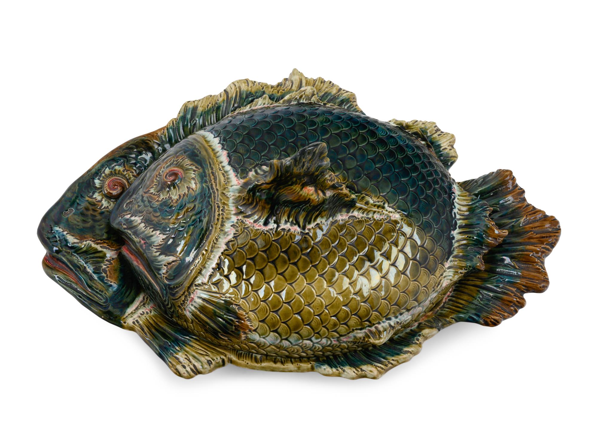 A Continental Majolica Fish Platter and Cover