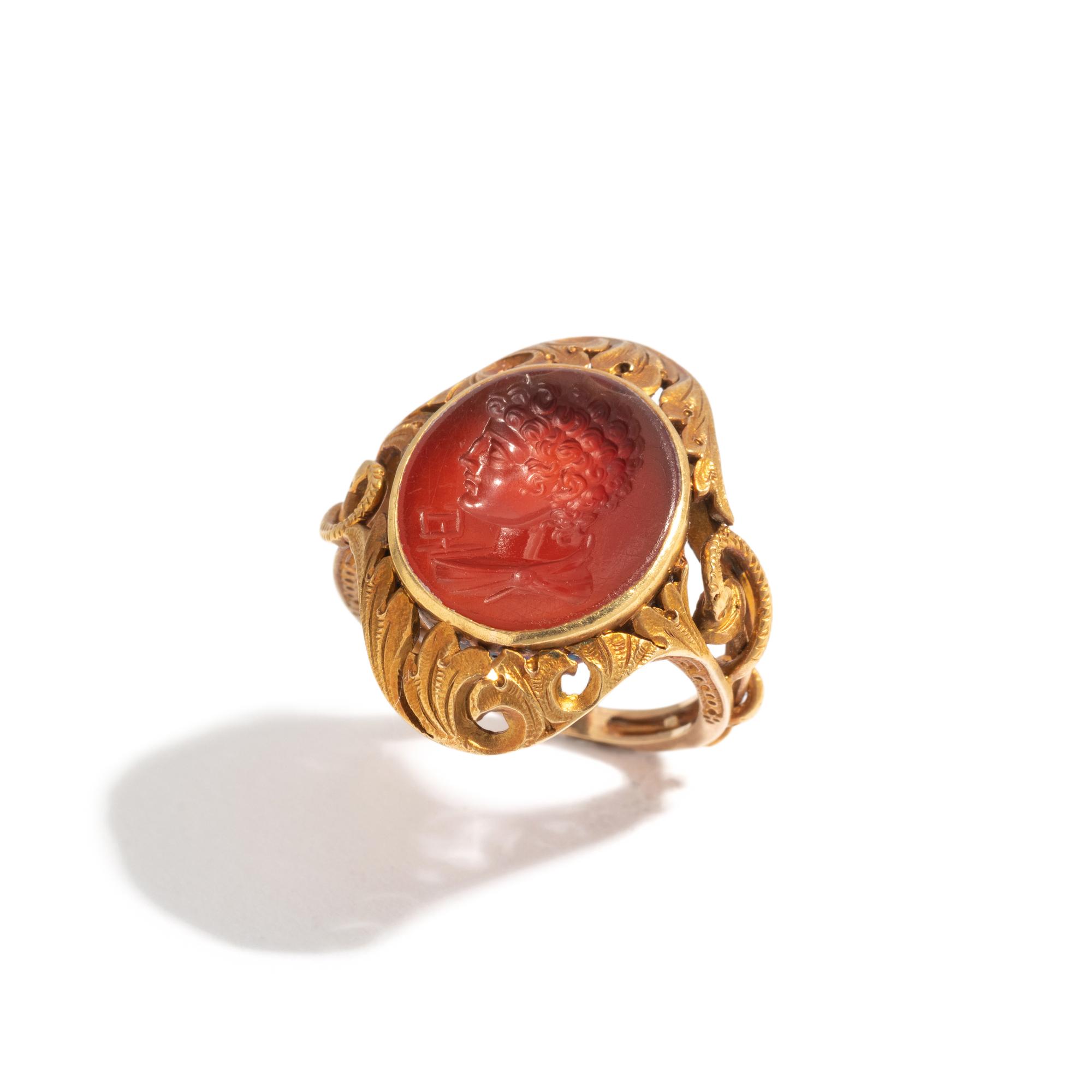 A Neoclassical Gold and Carnelian Finger Ring with a Male Portrait Bust