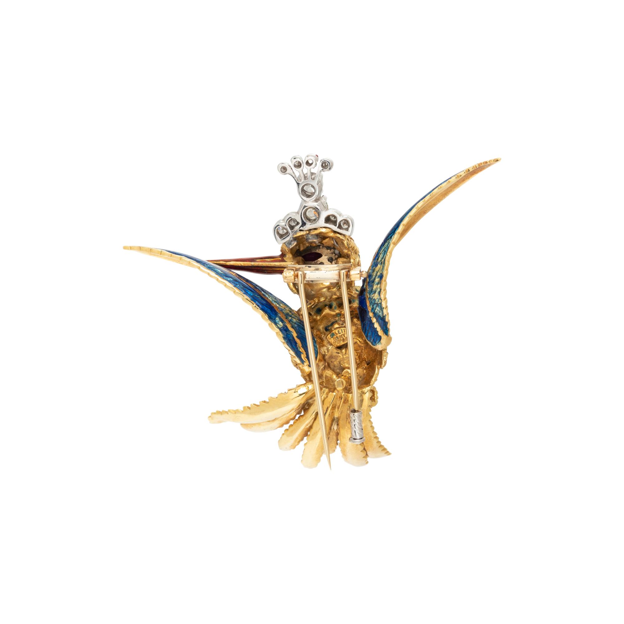 YELLOW GOLD, DIAMOND AND ENAMEL HUMMINGBIRD BROOCH