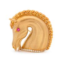 YELLOW GOLD, DIAMOND AND RUBY HORSE HEAD PENDANT/BROOCH