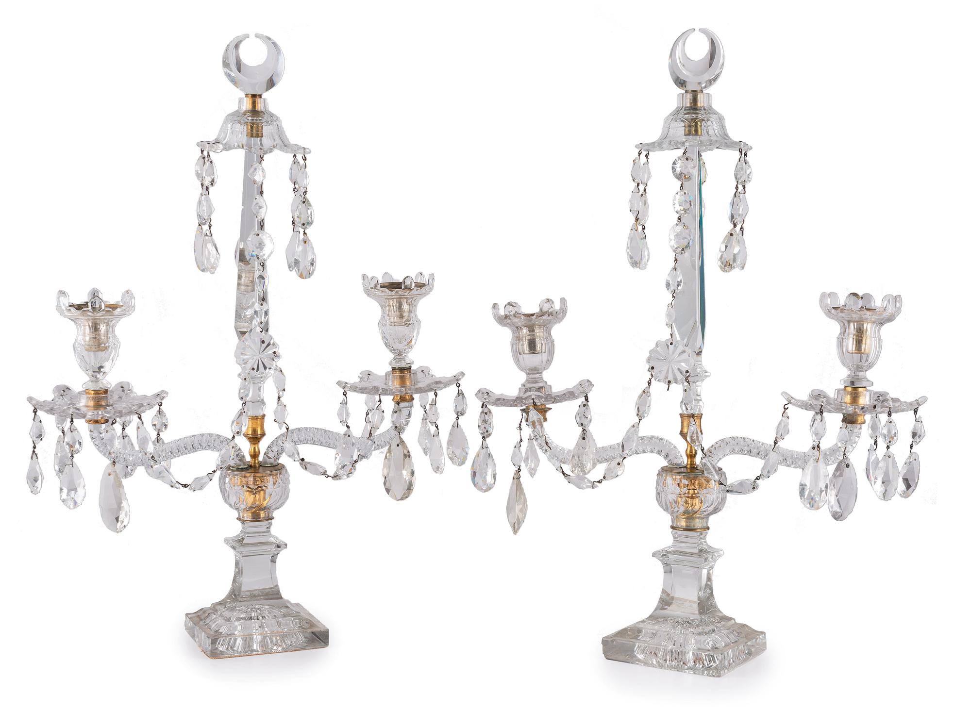 A Pair of Cut Glass Two Light Candelabra