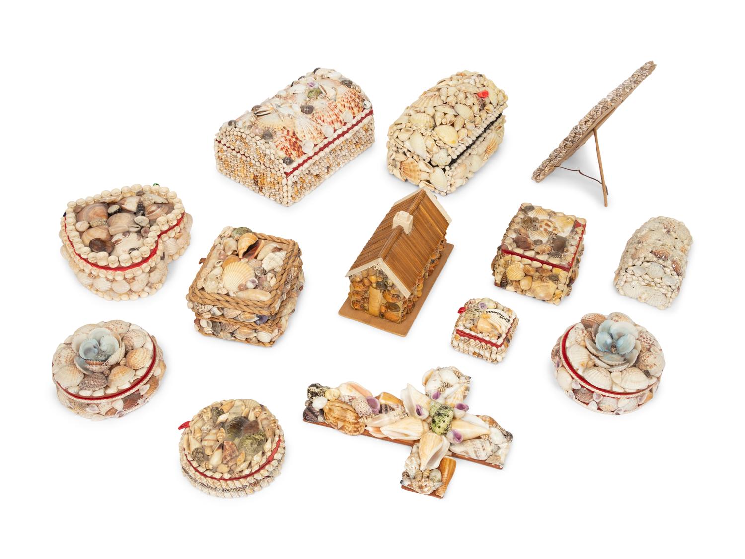 Thirteen Contemporary Shell Decorated Sailor’s Whimsy Boxes, Frame and a Cross