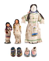 Sioux Infant's Beaded Hided Moccasins, PLUS a Pair of Dolls and One Larger Doll