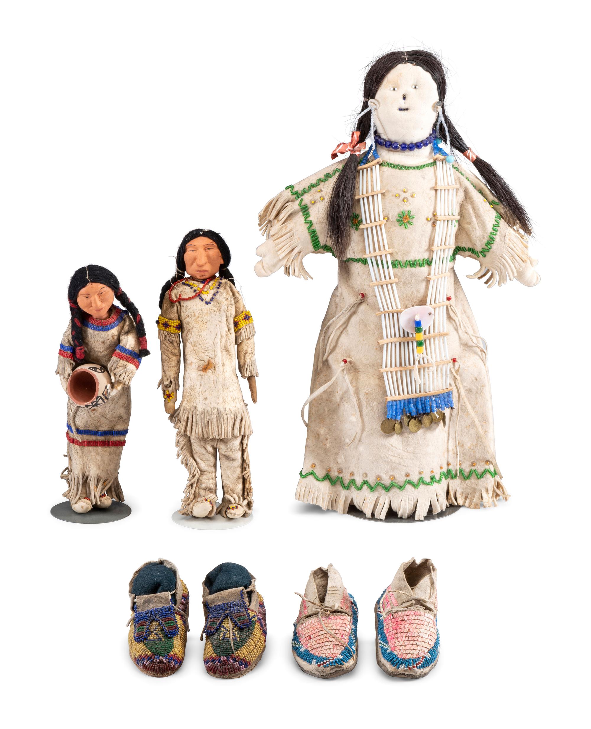 Sioux Infant's Beaded Hided Moccasins, PLUS a Pair of Dolls and One Larger Doll
