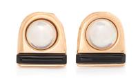 A Pair of 14 Karat Yellow Gold, Mabe Pearl and Onyx Earclips, 6.30 dwts.