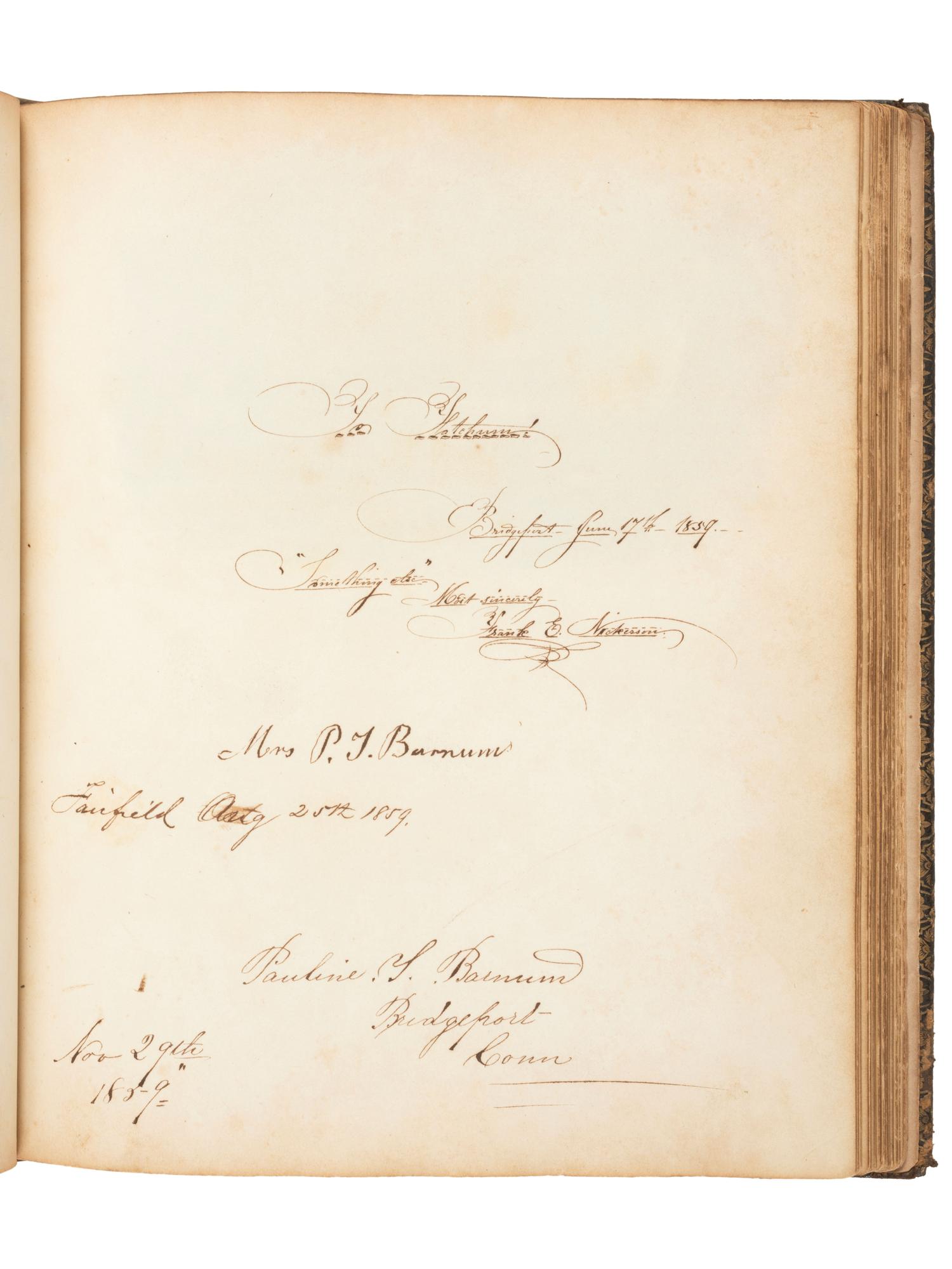 America in Manuscript BARNUM, Phineas Taylor (1810-1891). Autograph album compiled and inscribed by P.T. Barnum, with signatures of Tom Thumb and Edwin Booth.