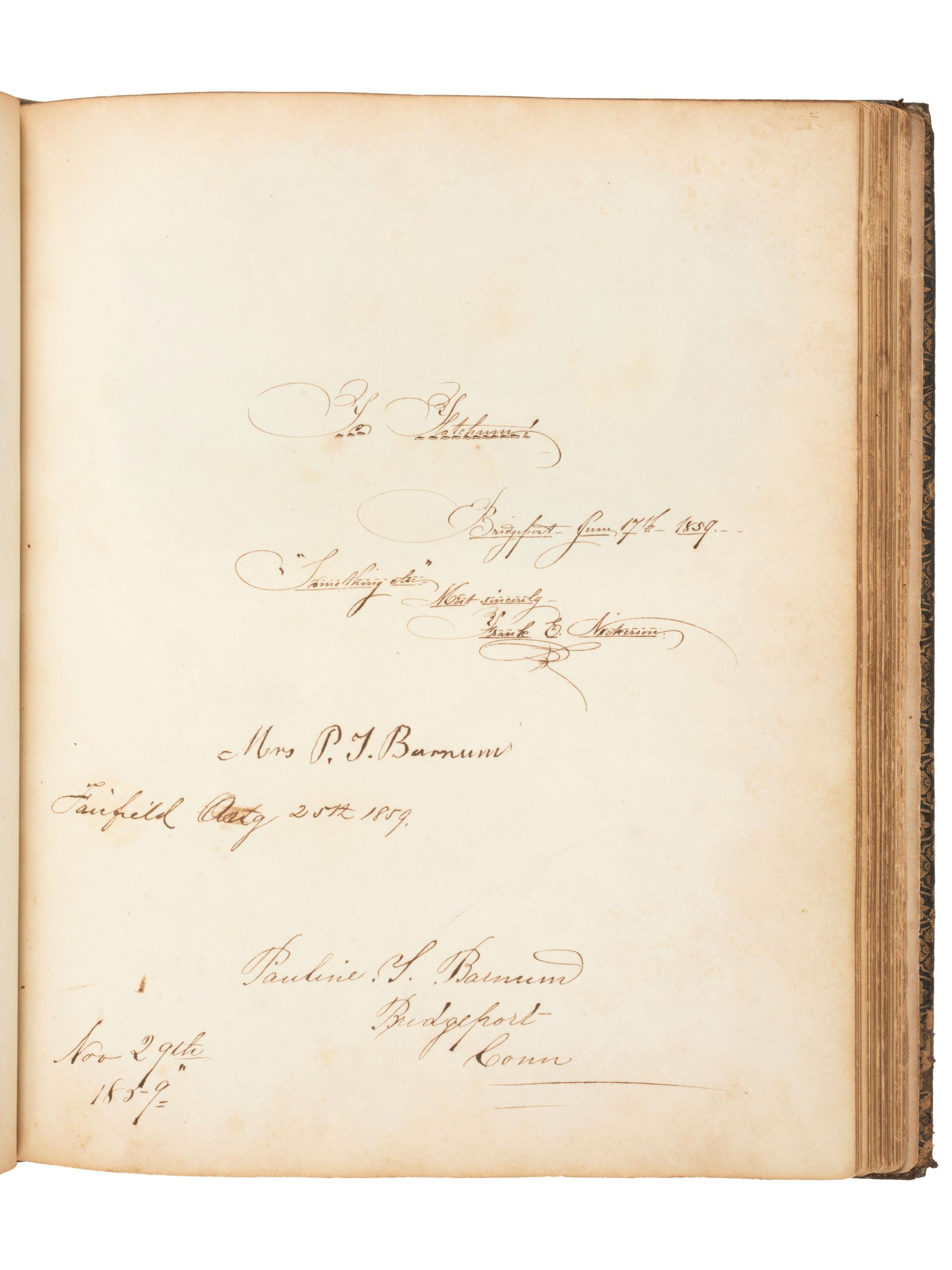 America in Manuscript BARNUM, Phineas Taylor (1810-1891). Autograph album compiled and inscribed by P.T. Barnum, with signatures of Tom Thumb and Edwin Booth.