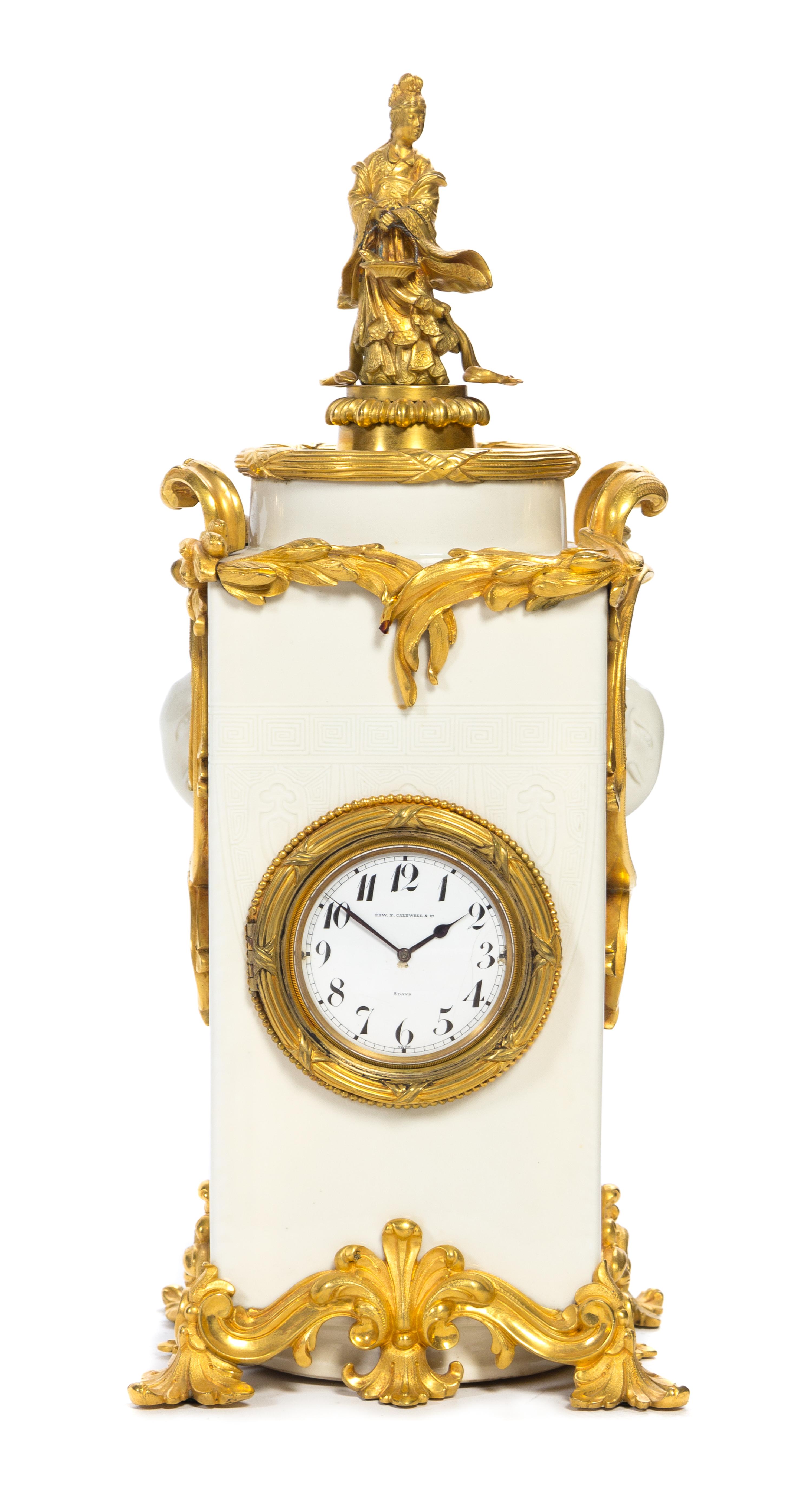 A French Gilt Bronze Mounted Blanc de Chine Mantel Clock Height 17 1/2 inches.