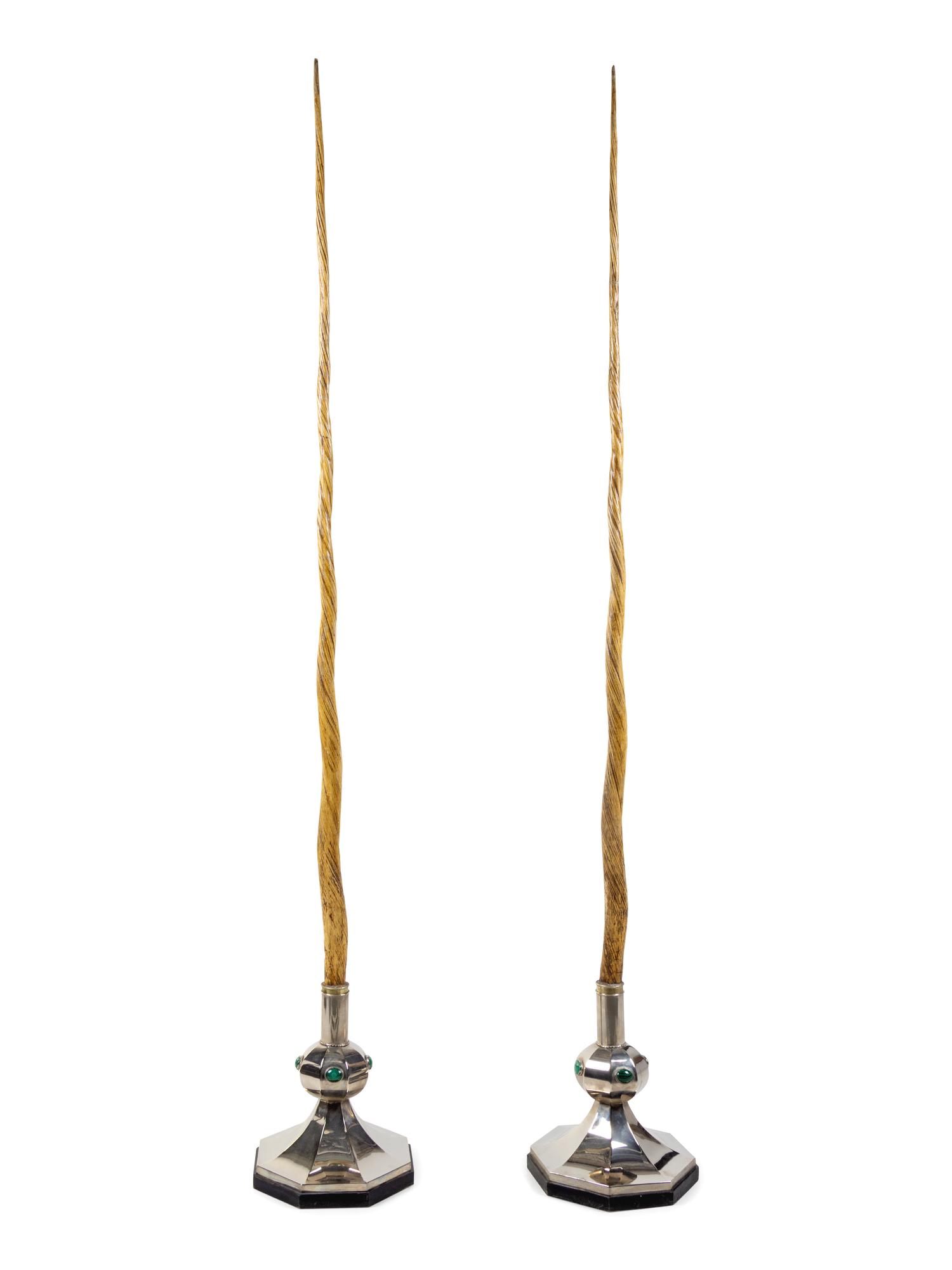 A Pair of Anthony Redmile Silver-Plate and Malachite Mounted Simulated Narwhal Tusks