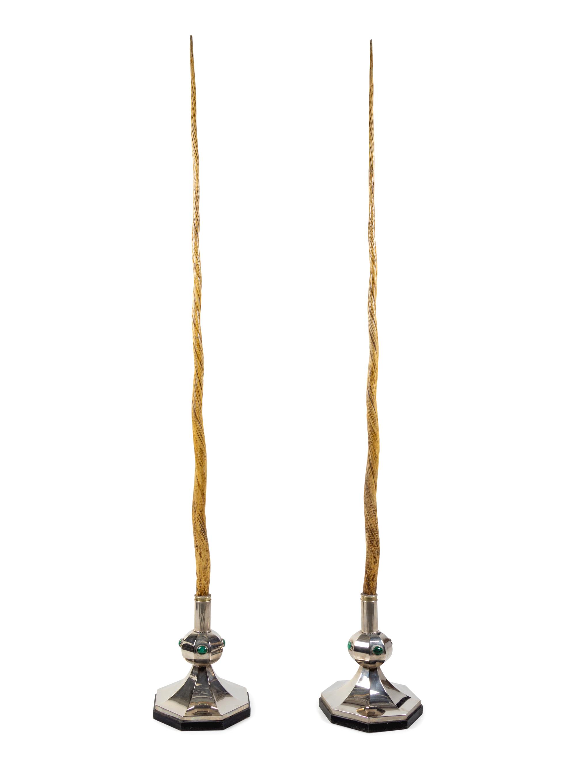 A Pair of Anthony Redmile Silver-Plate and Malachite Mounted Simulated Narwhal Tusks