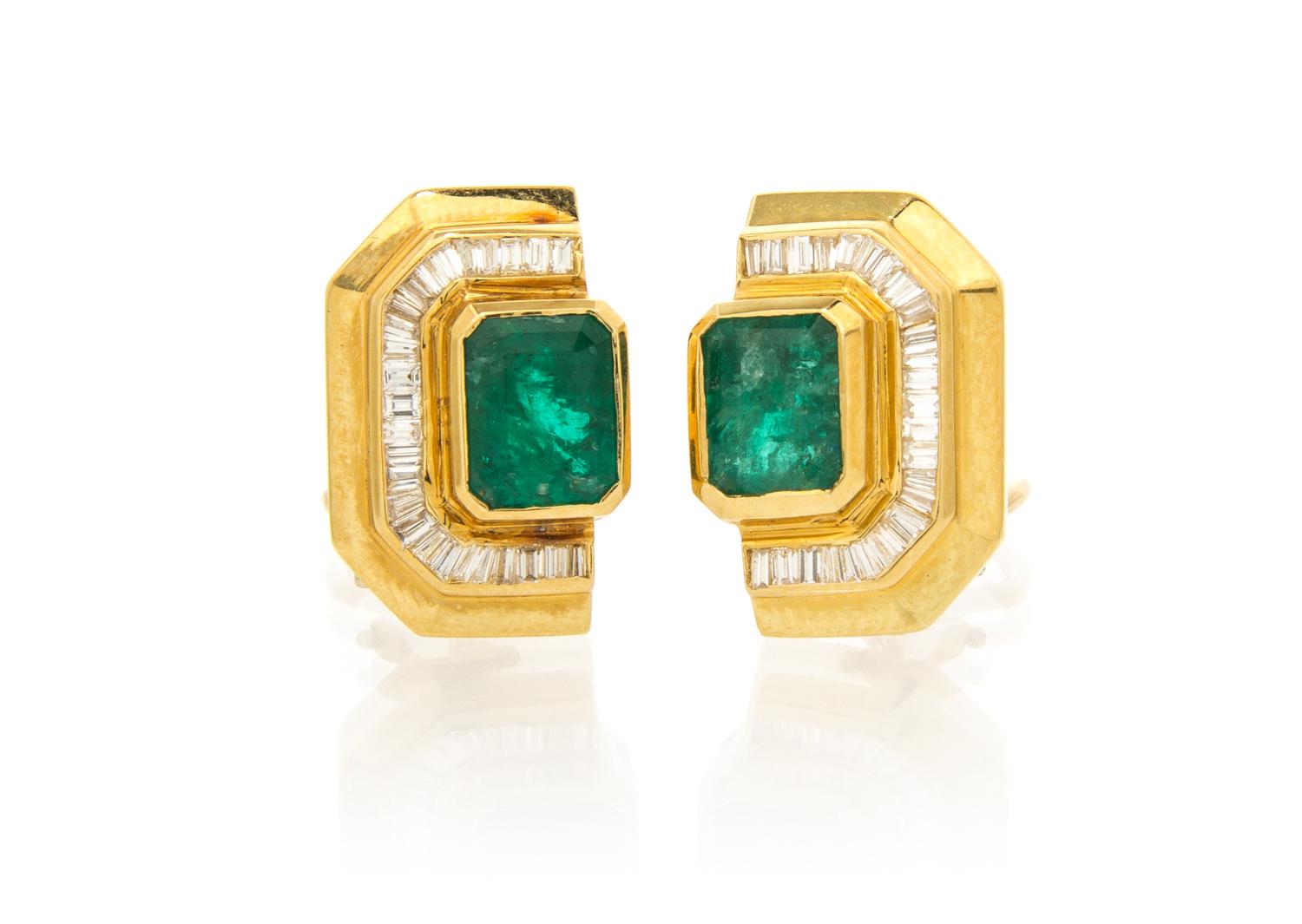 A Pair of Yellow Gold, Emerald and Diamond Earclips, 6.90 dwts.